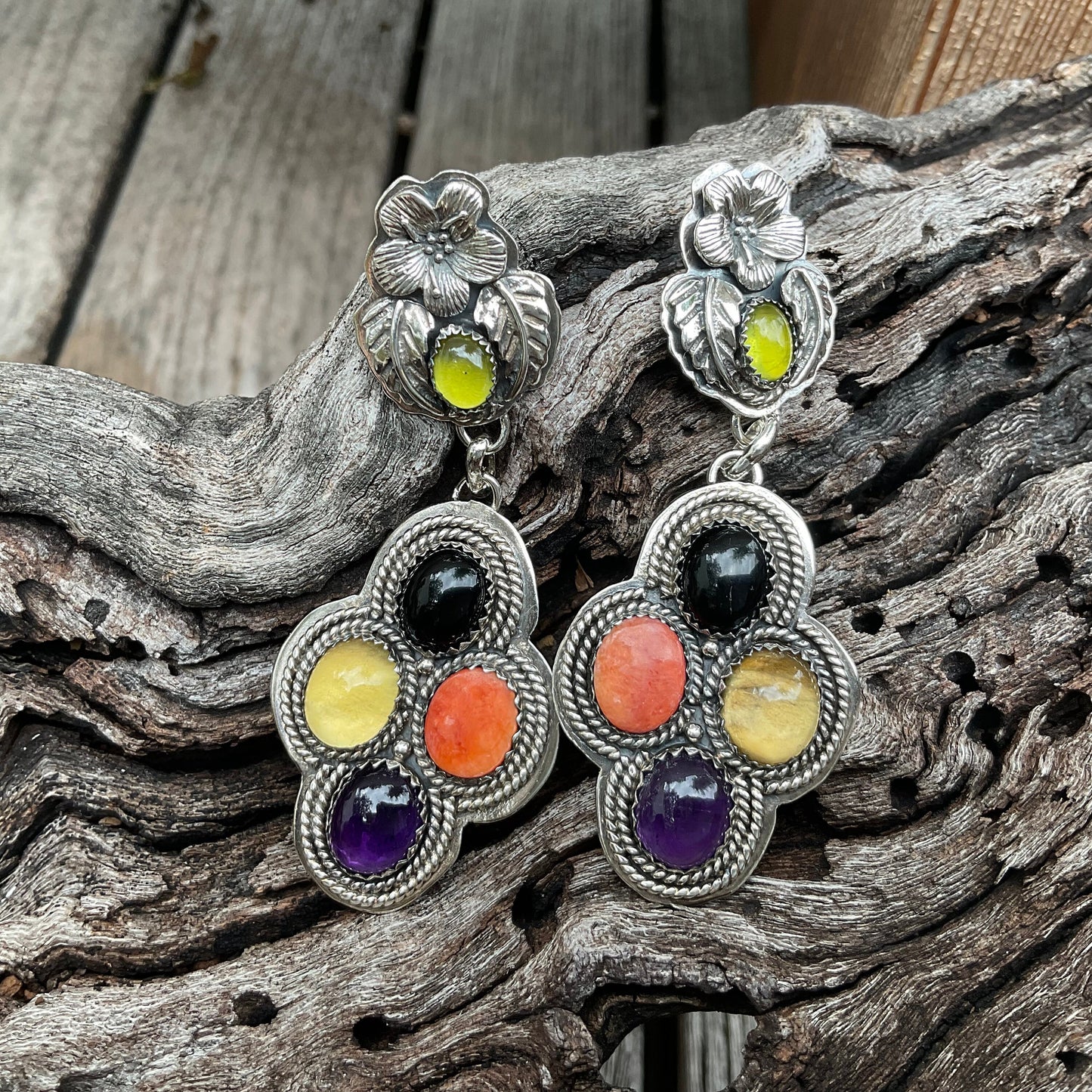 Sterling Silver spiny oyster amethyst onyx peridot vintage statement earrings