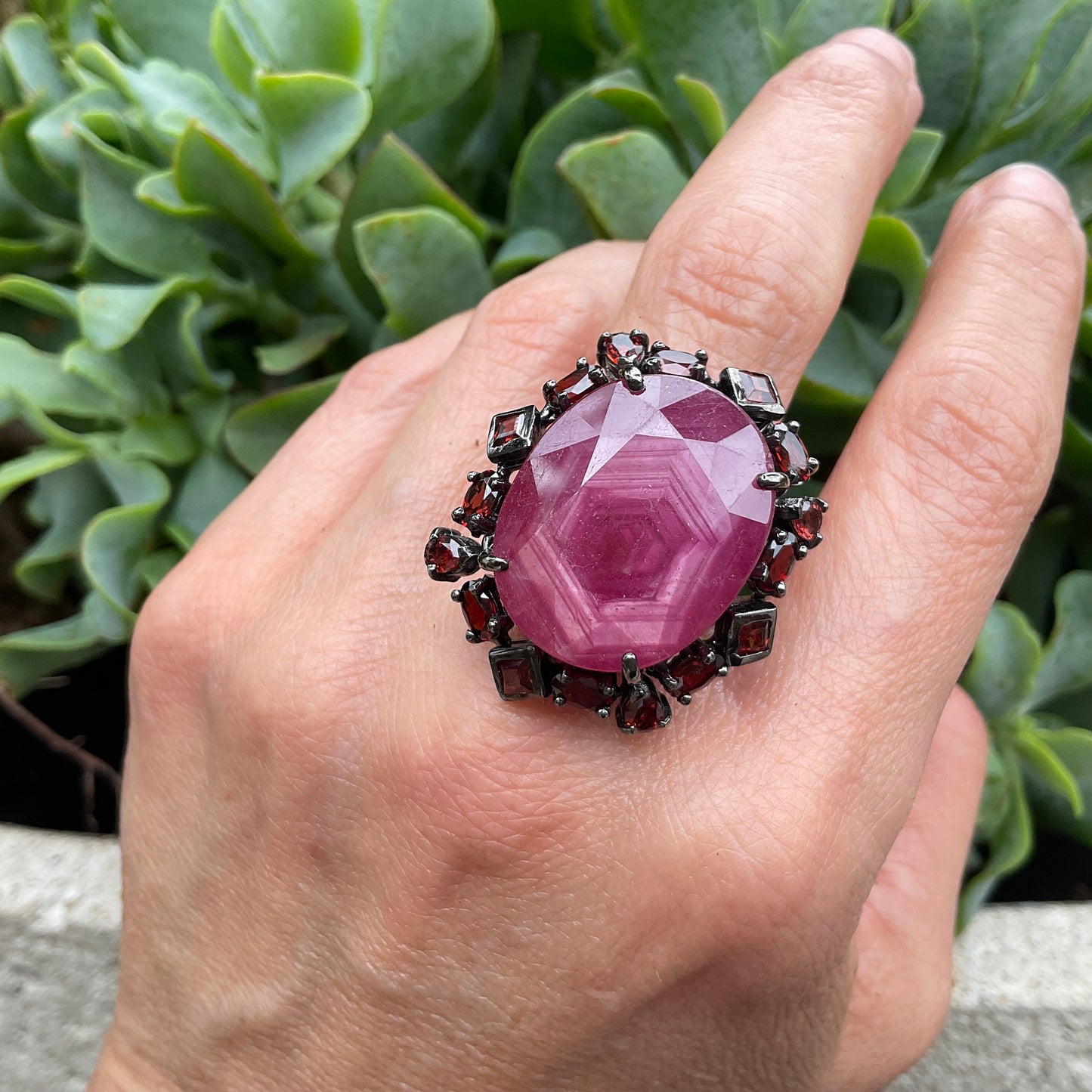 Sterling silver natural ruby red garnet statement ring 8.5