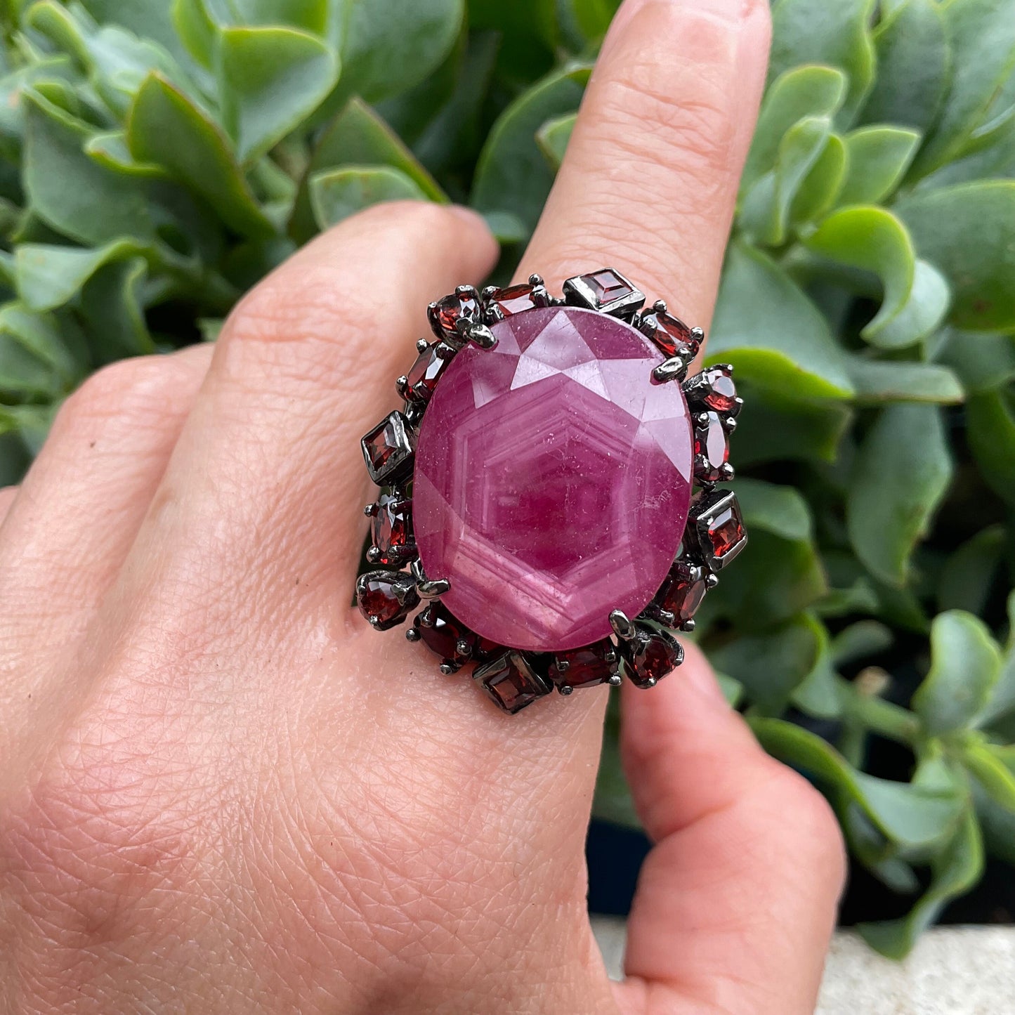 Sterling silver natural ruby red garnet statement ring 8.5