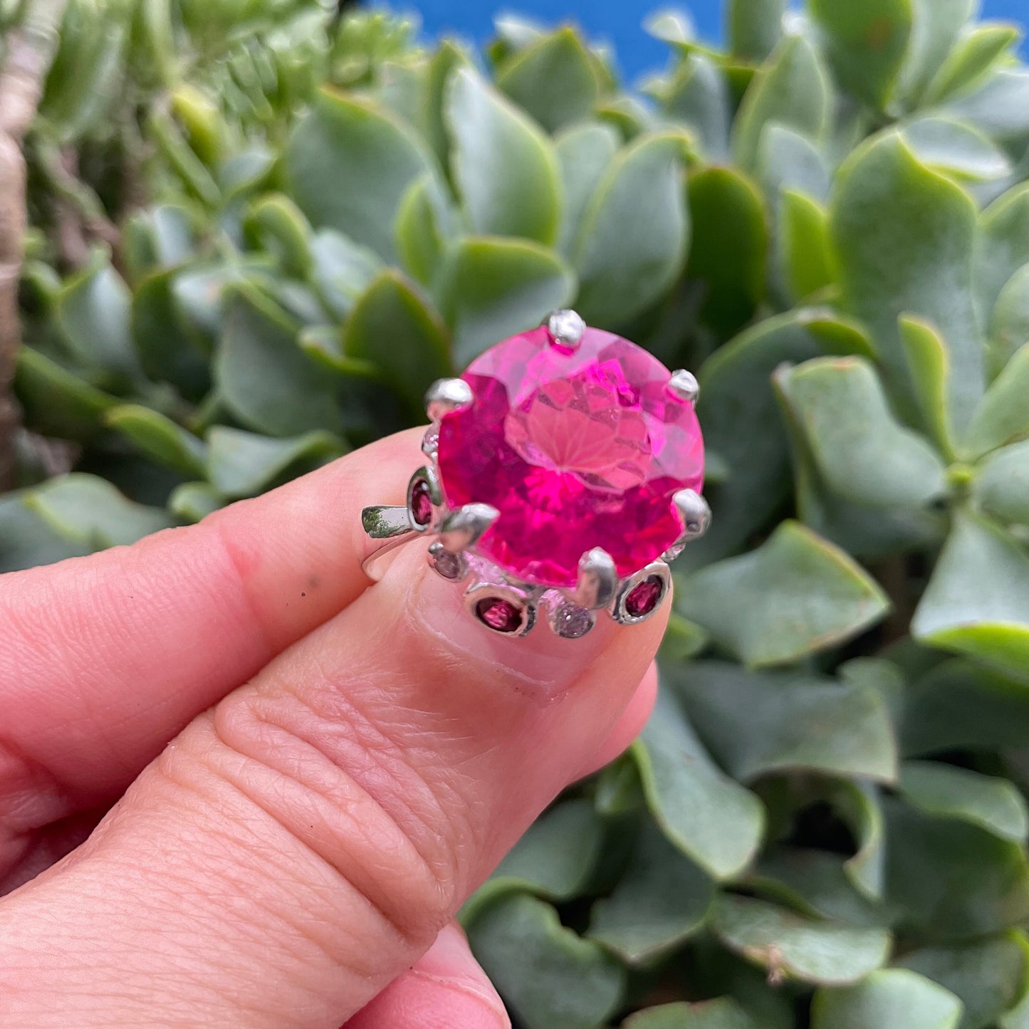 Sterling Silver pink topaz round Rhodolite ring 7