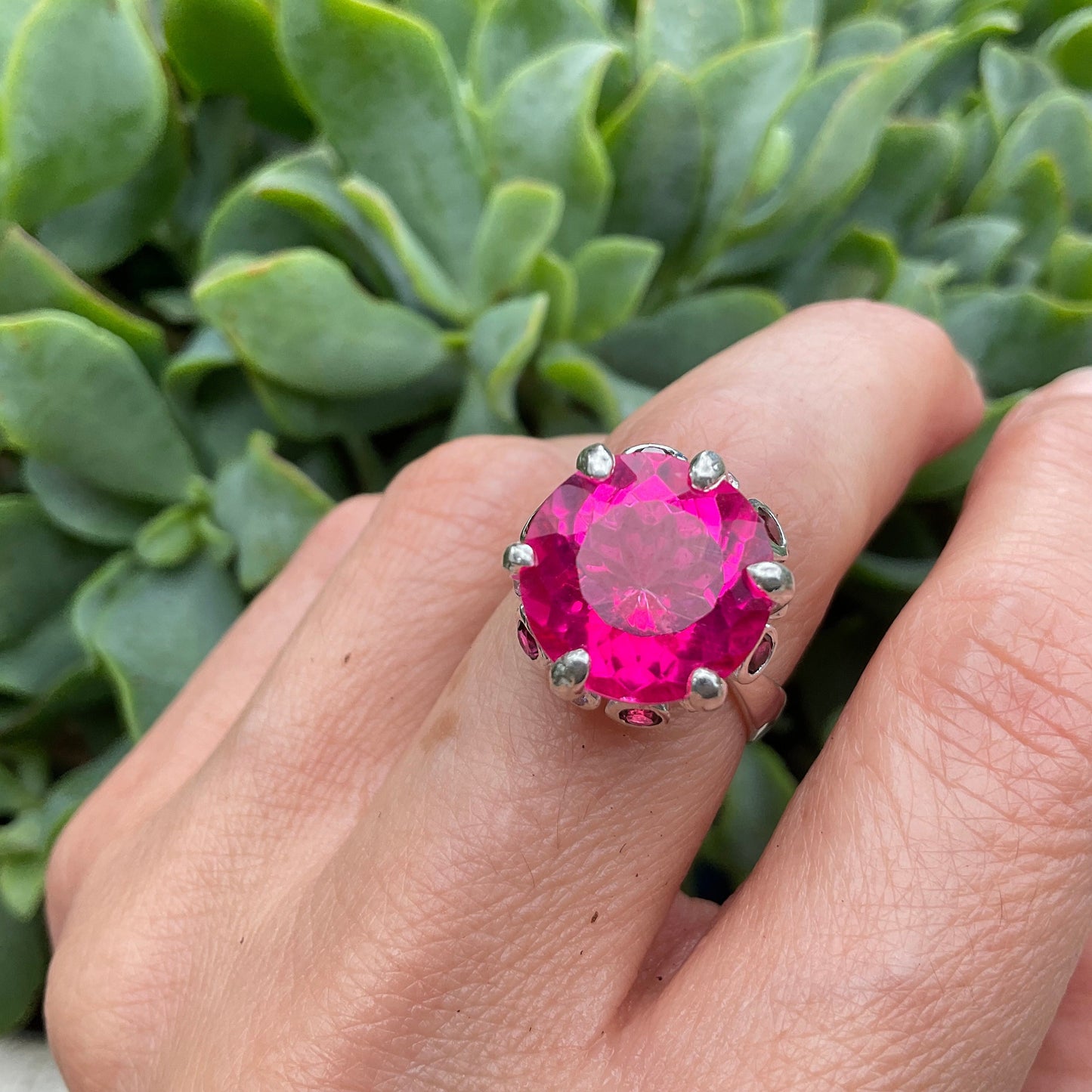 Sterling Silver pink topaz round Rhodolite ring 7