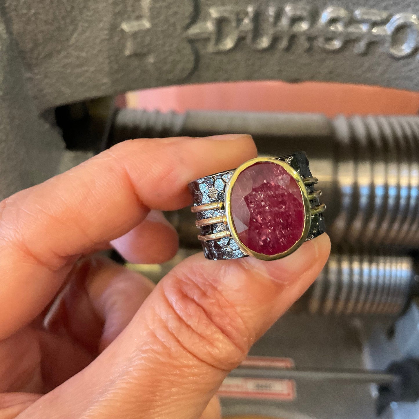 Sterling silver natural ruby wide band ring 9