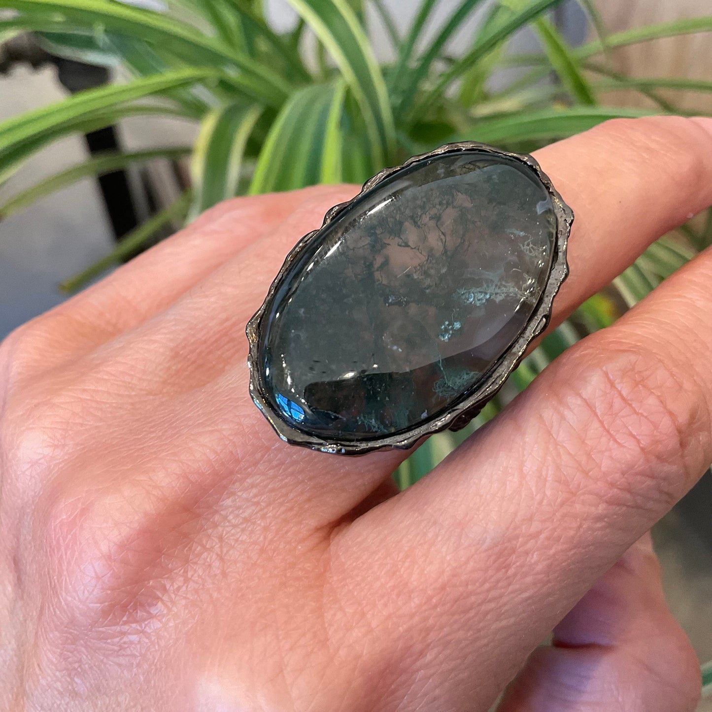 Handcrafted Sterling Silver Moss Agate Ring: Oversize Oval