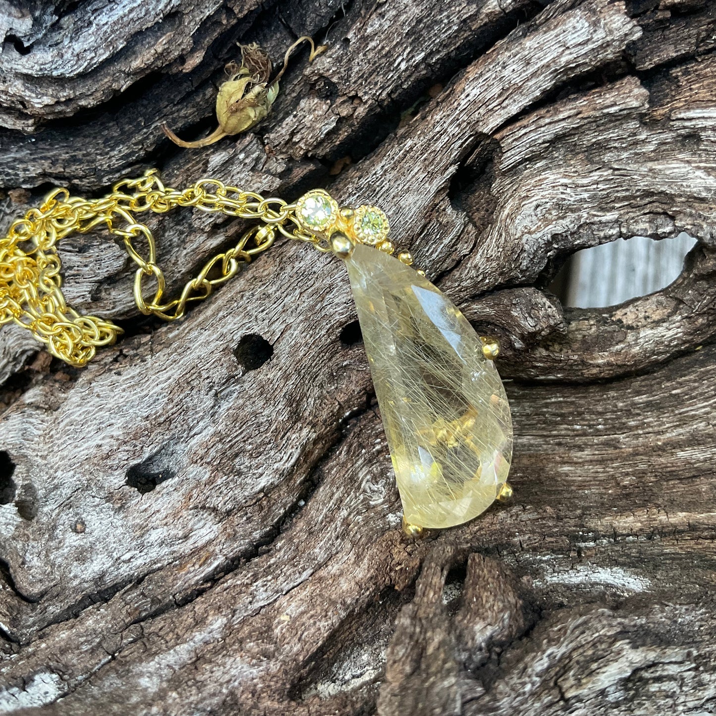 Sterling Silver Rutilated quartz pendant gold ribbons necklace