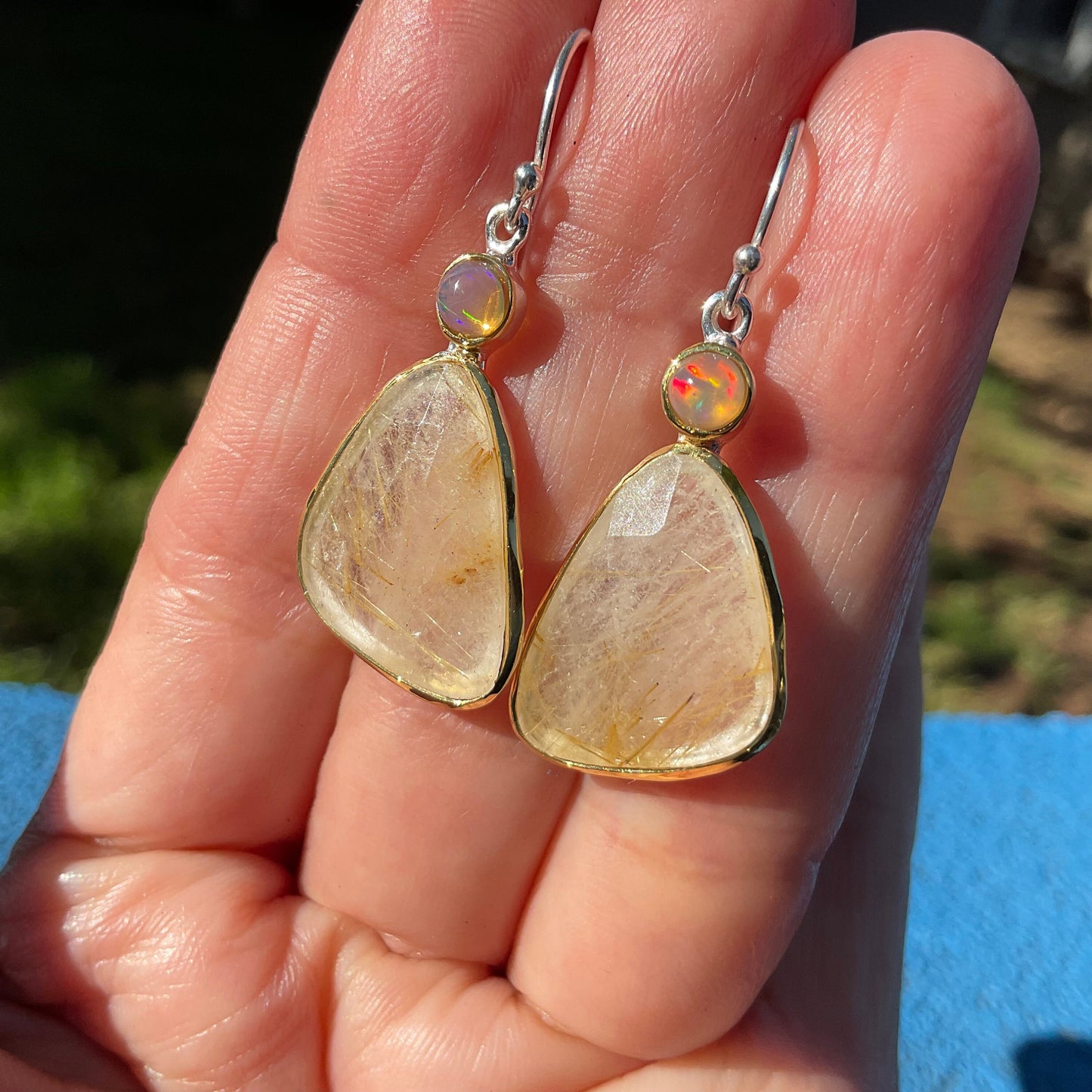 sterling silver gold rutilated quartz ribbon opal earrings