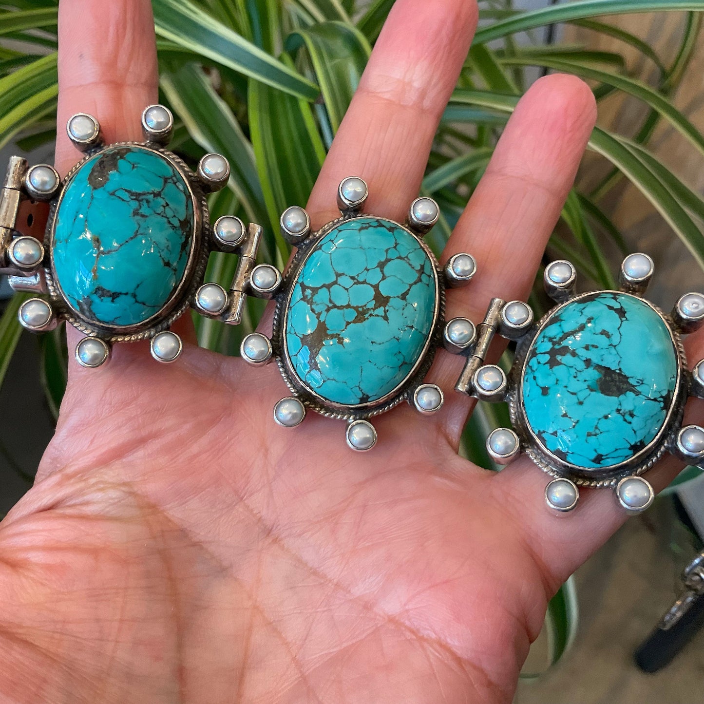 sterling silver vintage turquoise pearl statement bracelet