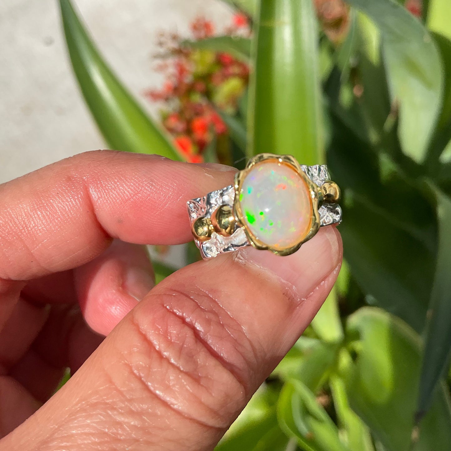 sterling silver rainbow natural heirloom opal band Etnika ring 7.5
