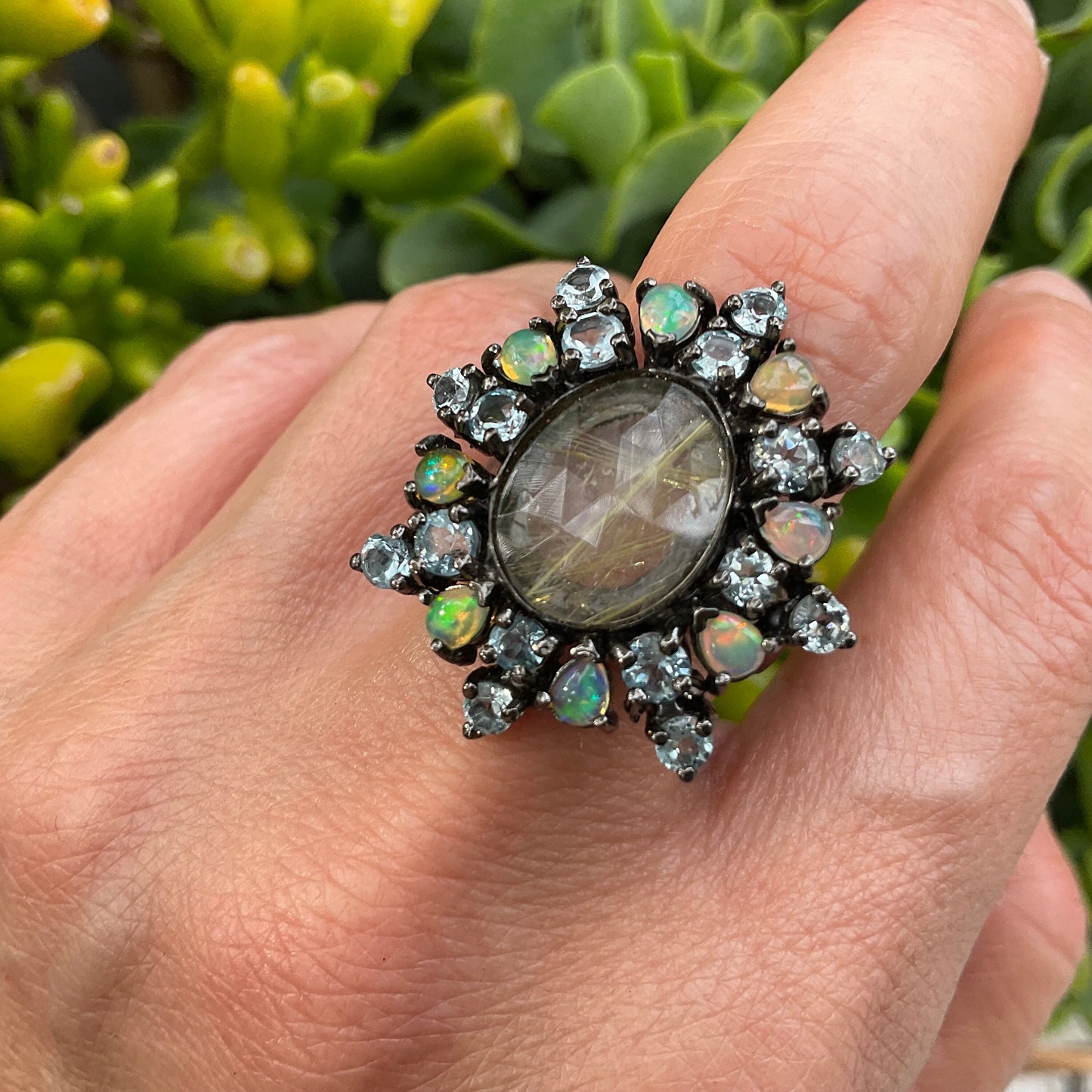 Sterling silver natural fire opal rutile quartz topaz statement ring 9