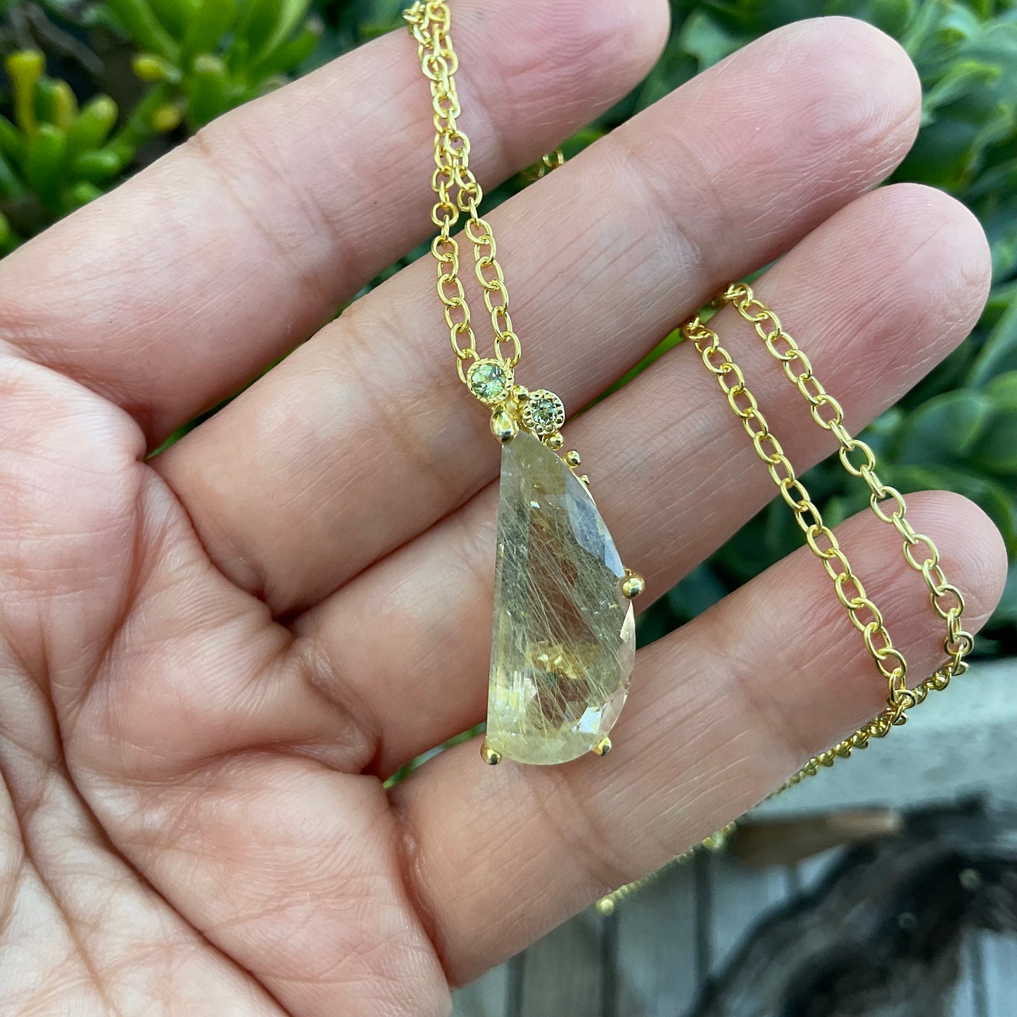 Sterling Silver Rutilated quartz pendant gold ribbons necklace