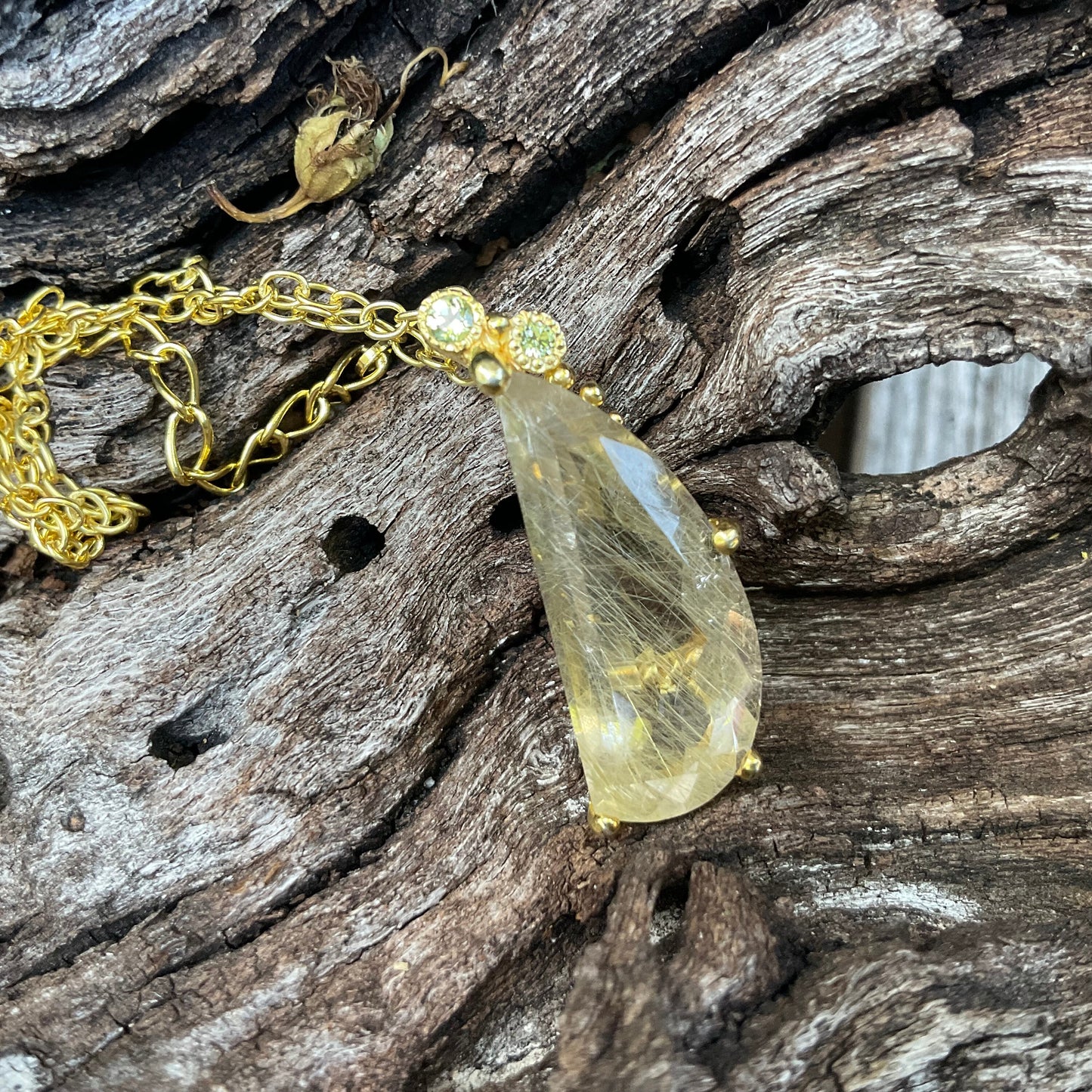 Sterling Silver Rutilated quartz pendant gold ribbons necklace