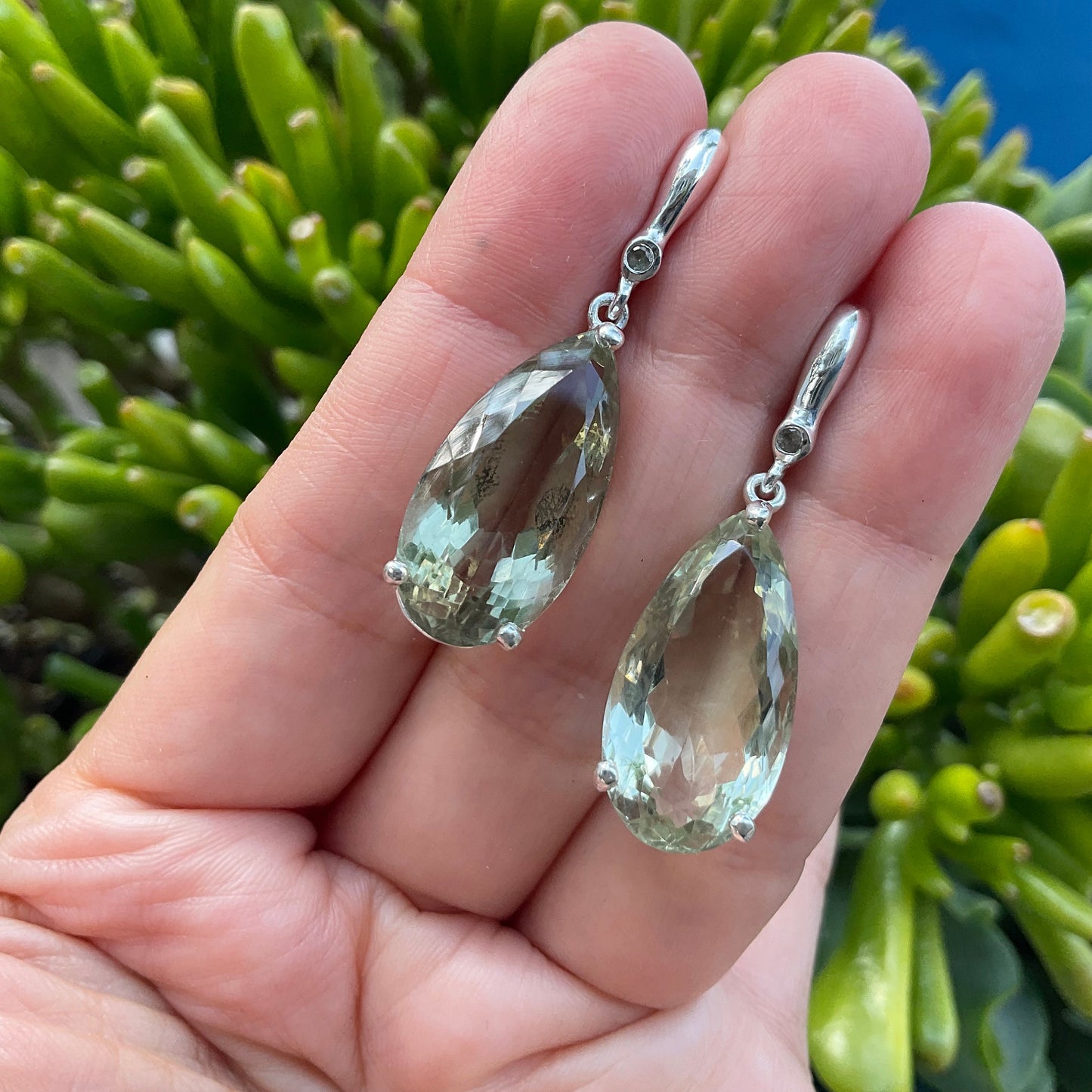Sterling silver green amethyst pear shape fancy statement earrings