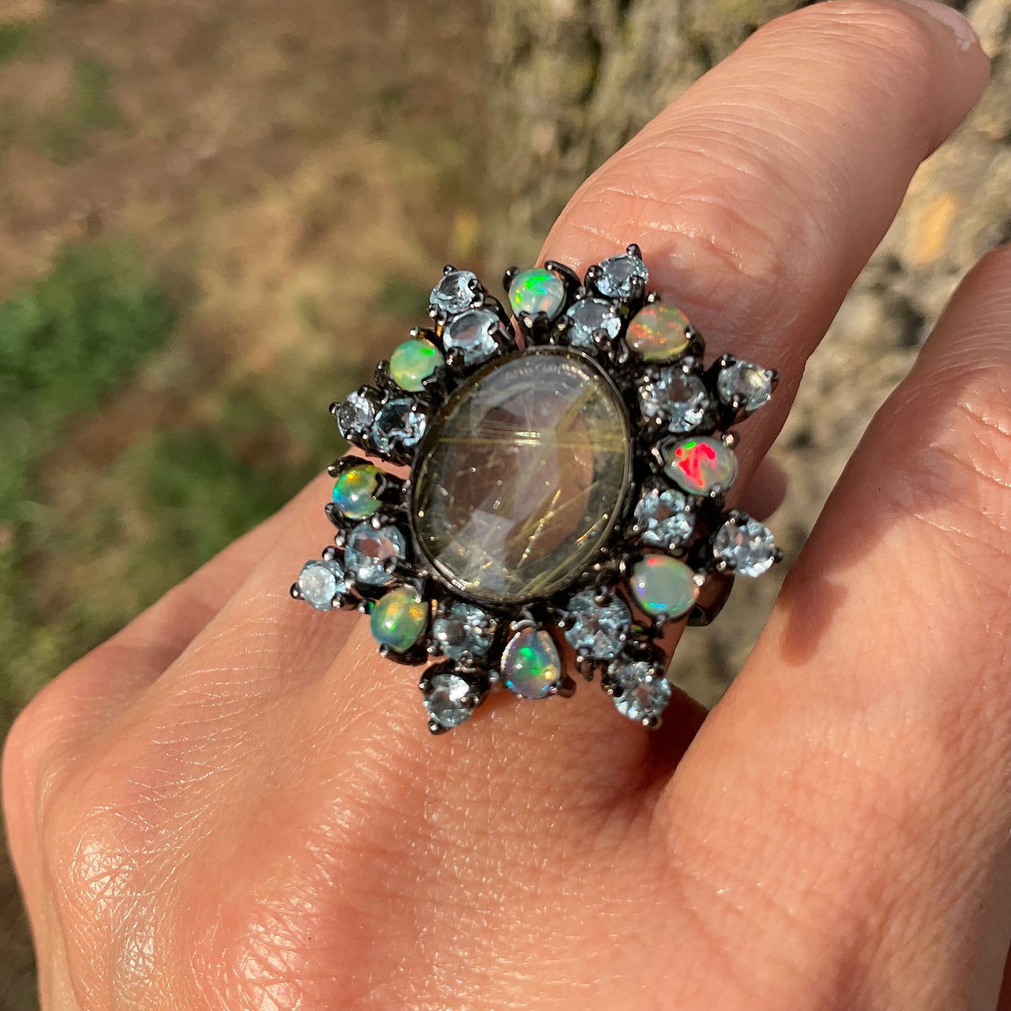 Sterling silver natural fire opal rutile quartz topaz statement ring 9