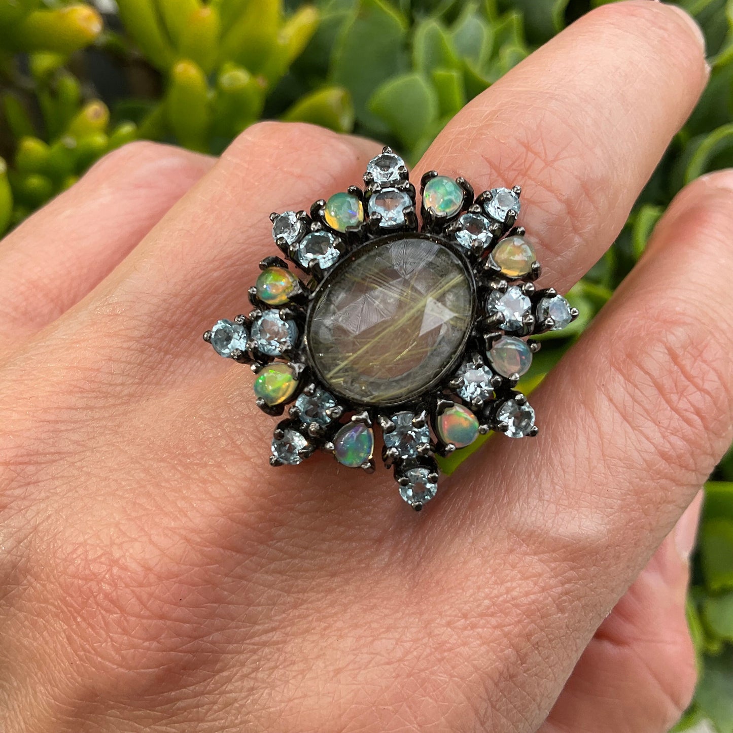 Sterling silver natural fire opal rutile quartz topaz statement ring 9