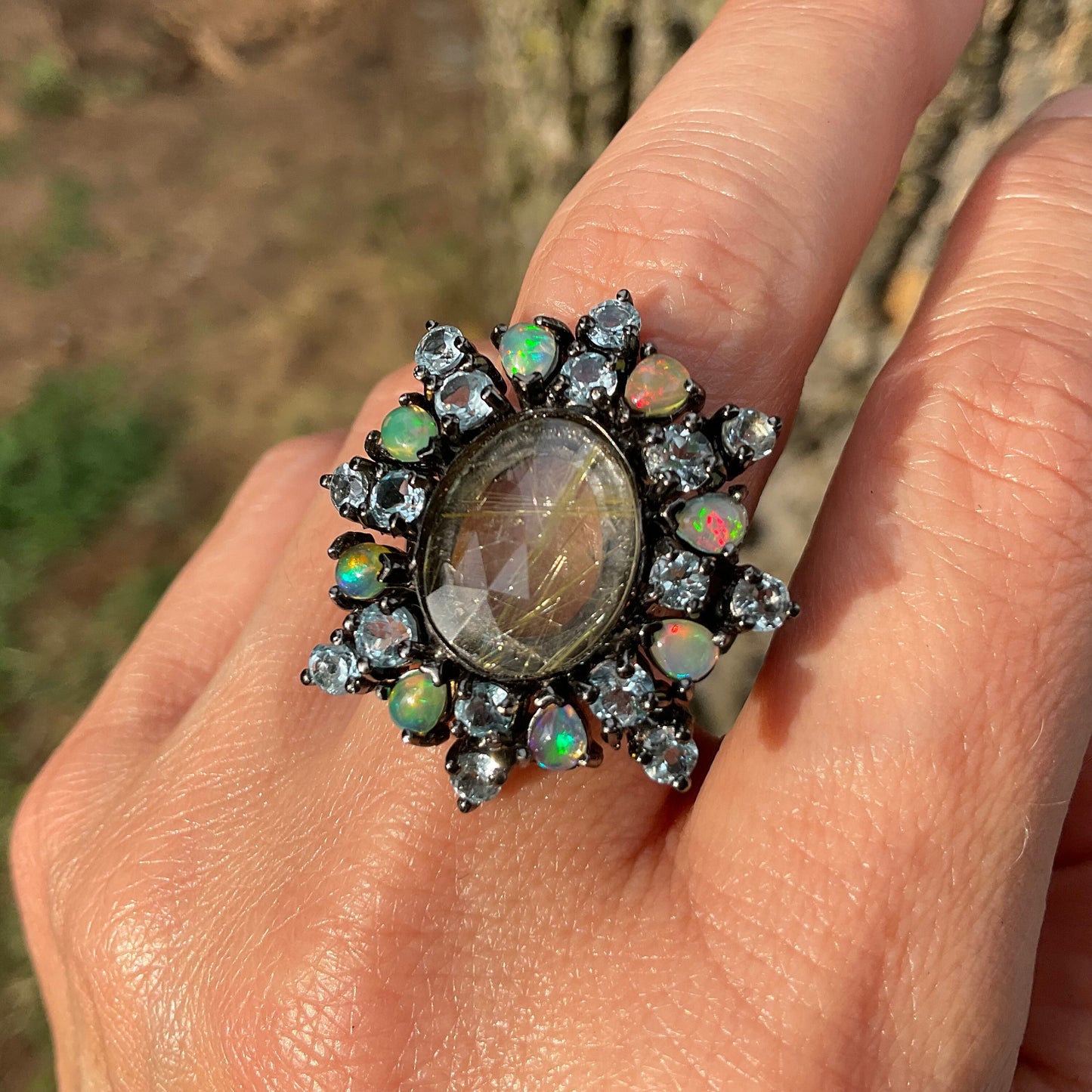 Sterling silver natural fire opal rutile quartz topaz statement ring 9