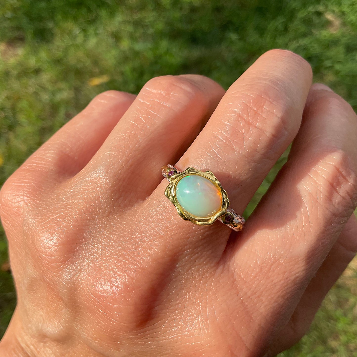 Sterling Silver rainbow Opal Rhodolite Ring 9