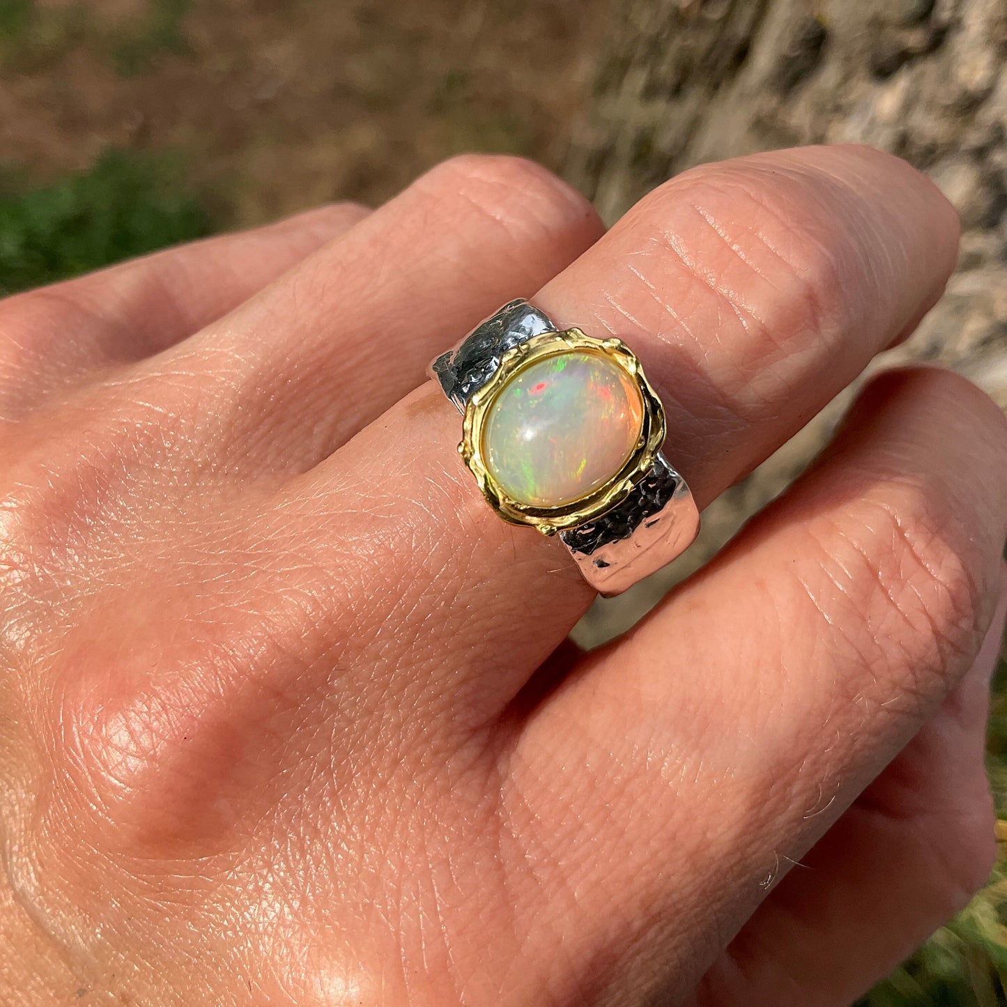 sterling silver mesmerizing natural rainbow opal band ring 7 Colors Of Etnika