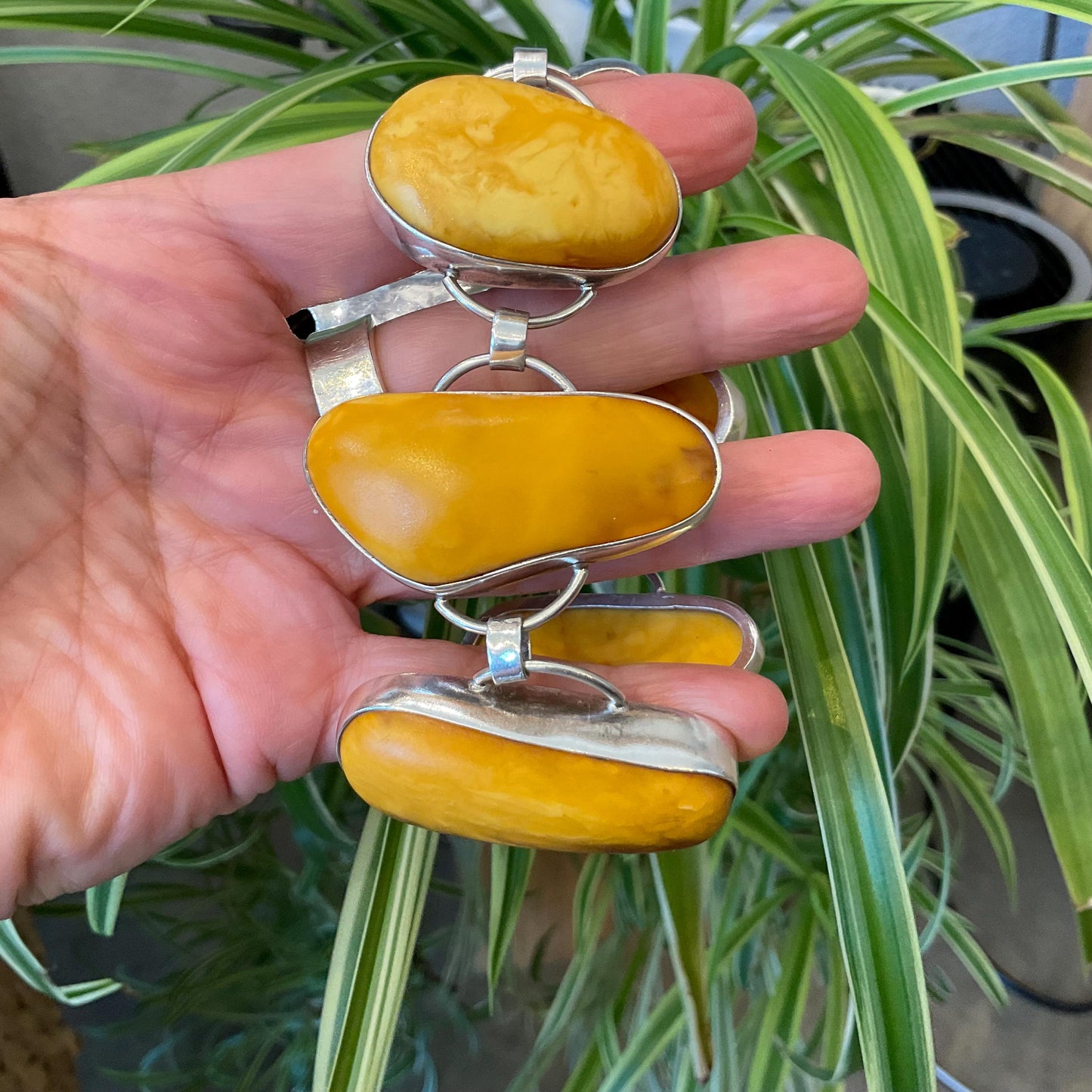 sterling silver Baltic egg yolk yellow Amber wide statement huge vintage bracelet