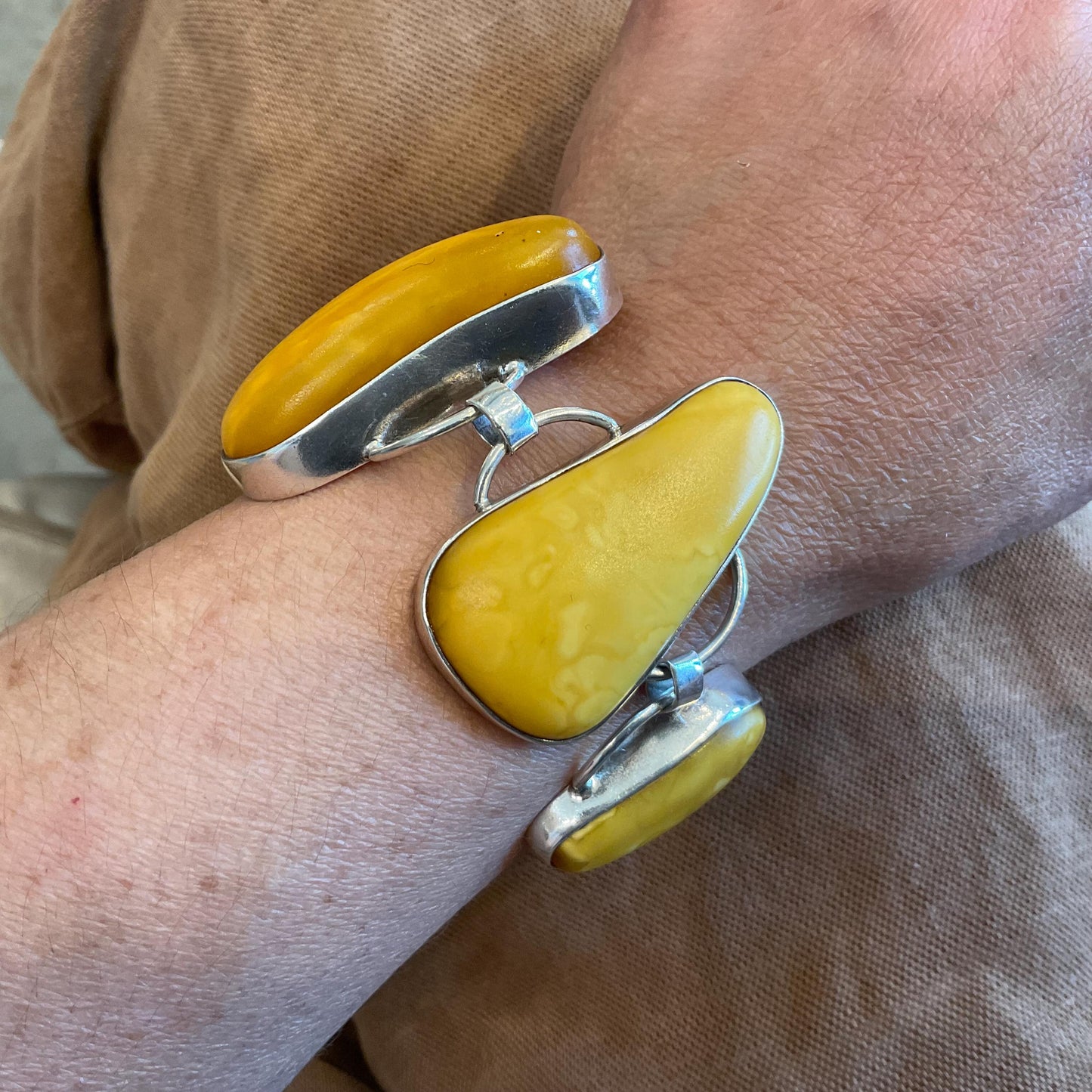 sterling silver Baltic egg yolk yellow Amber wide statement huge vintage bracelet
