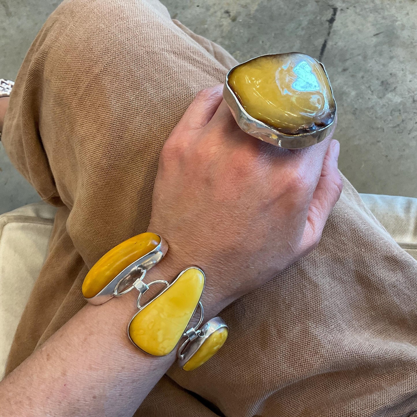 sterling silver Baltic egg yolk yellow Amber wide statement huge vintage bracelet