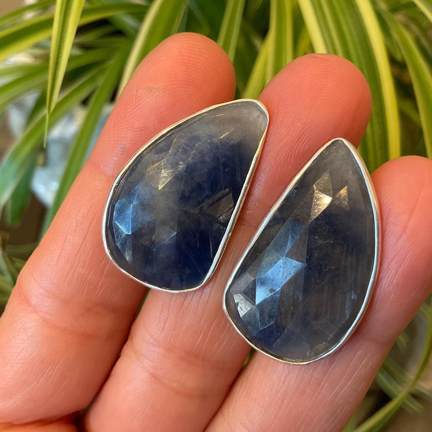 sterling Silver blue sapphire post statement Earrings