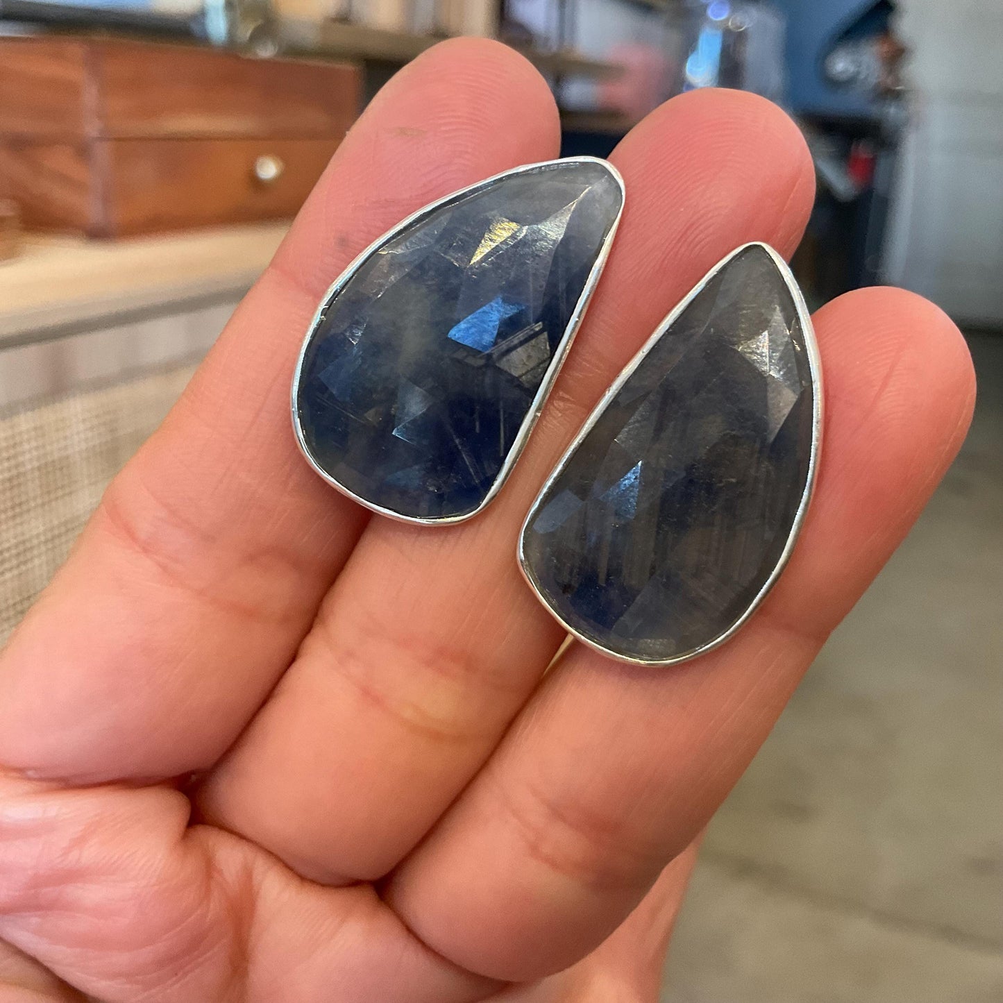 sterling Silver blue sapphire post statement Earrings