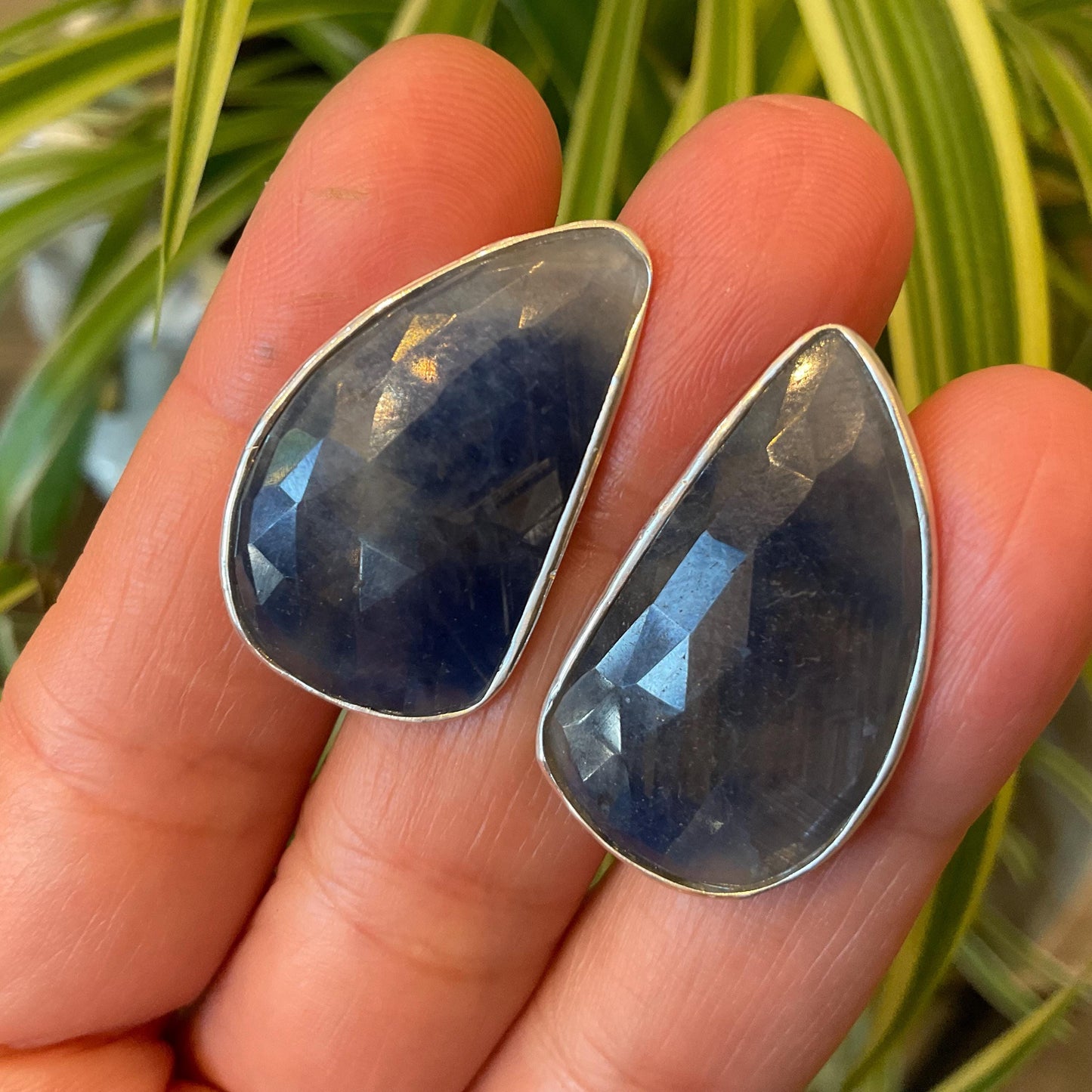 sterling Silver blue sapphire post statement Earrings