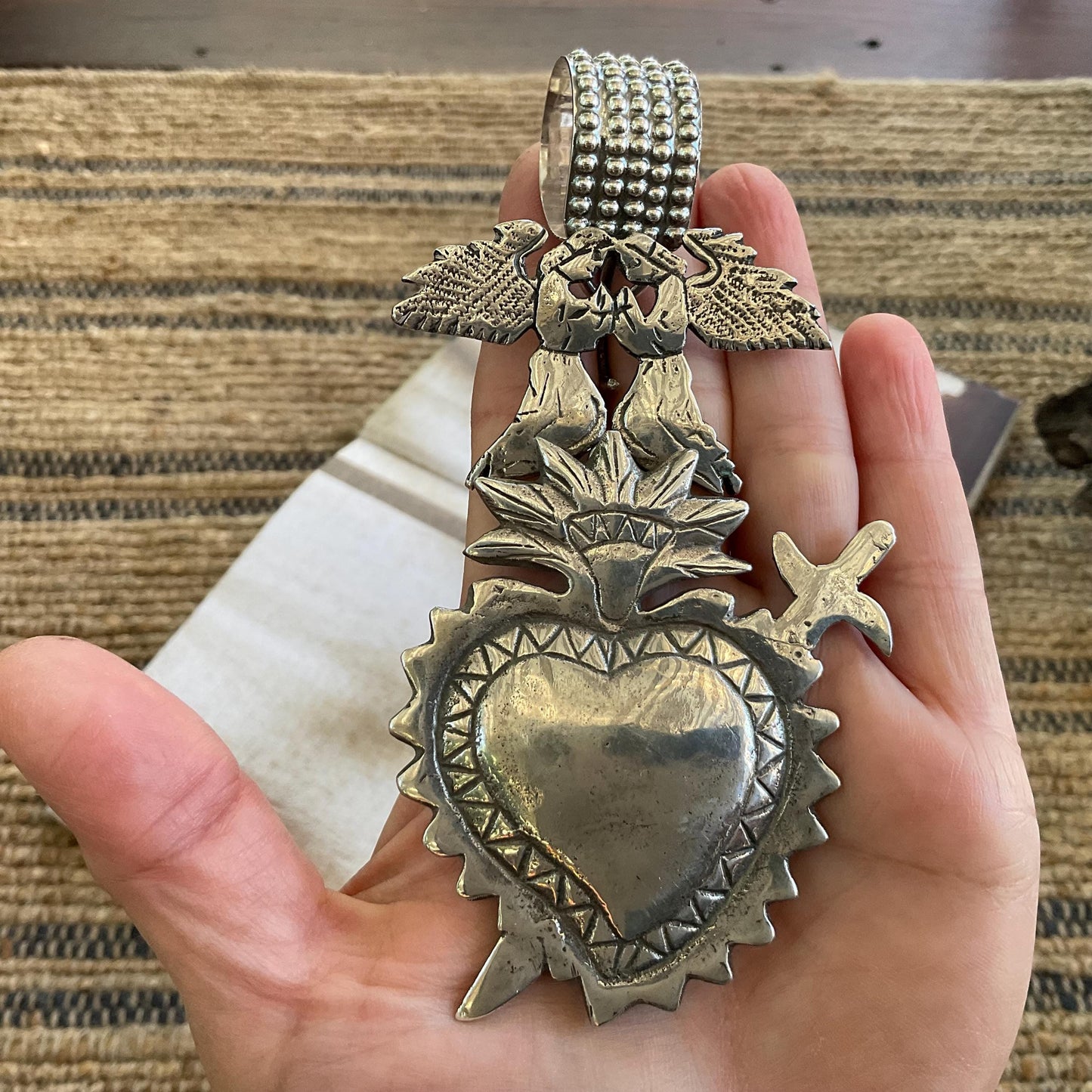 Sterling silver flame sacred heart angels huge pendant custom bail Colors Of Etnika