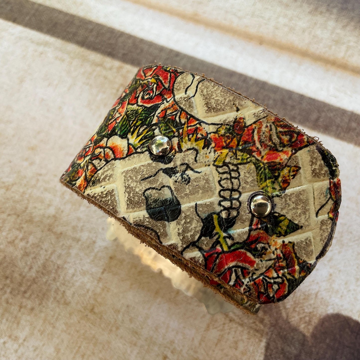 sterling silver red coral rose upcycle leather skull bracelet cuff