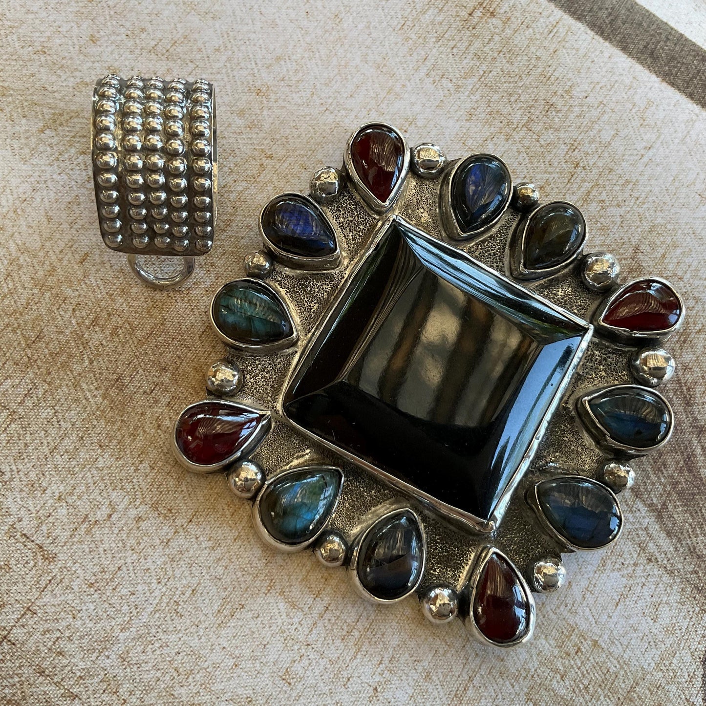 Sterling Silver natural black Guatemalan red garnet labradorite Jade huge pendant enhancer Colors Of Etnika