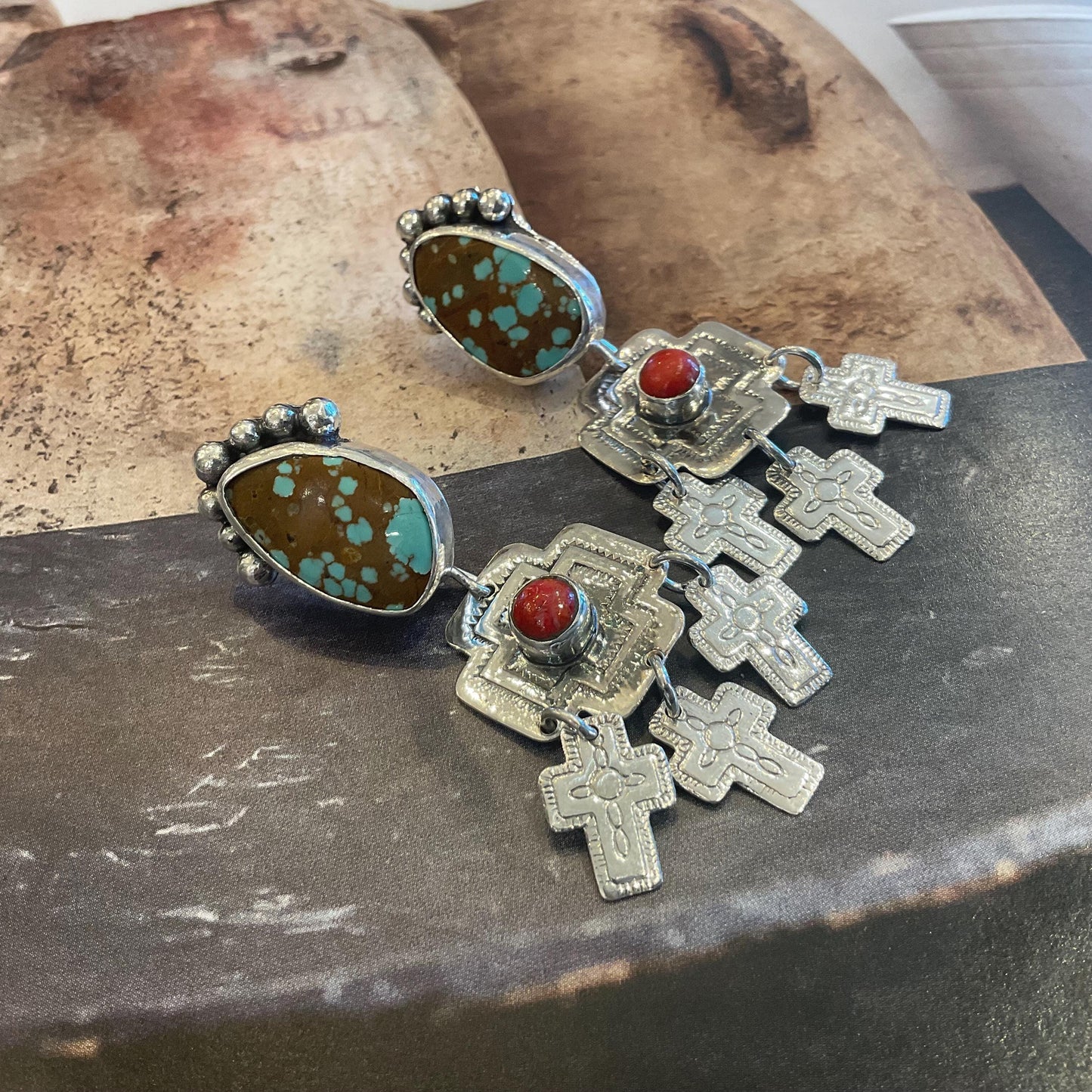 Sterling Silver turquoise coral cross dangle earrings