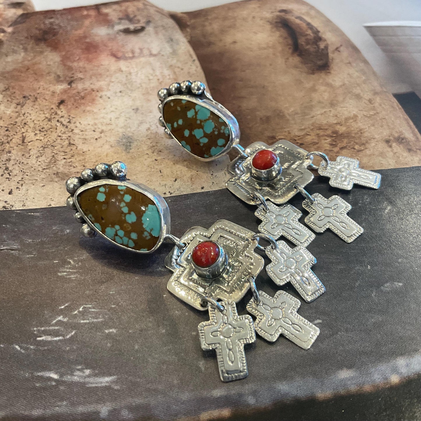 Sterling Silver turquoise coral cross dangle earrings