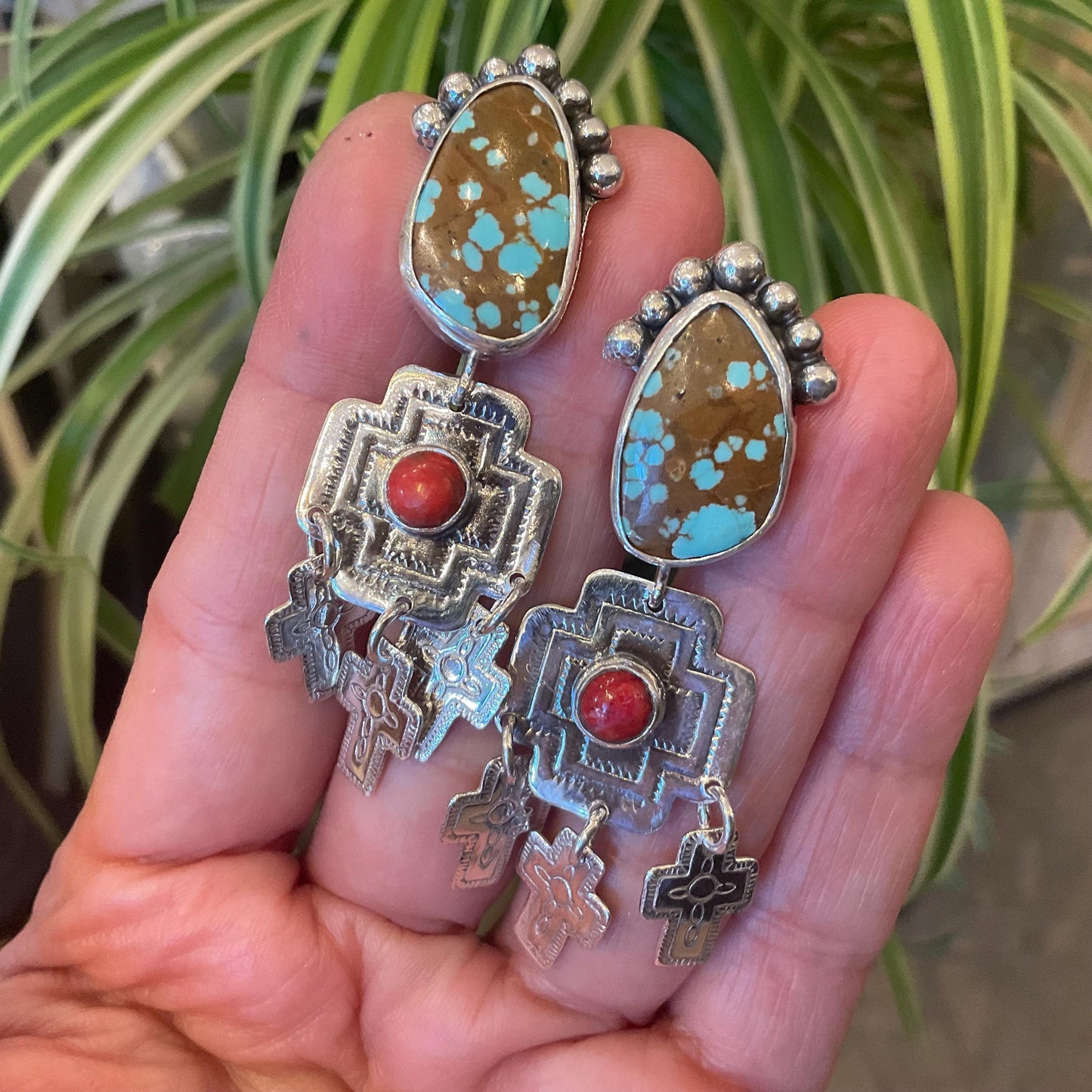 Sterling Silver turquoise coral cross dangle earrings