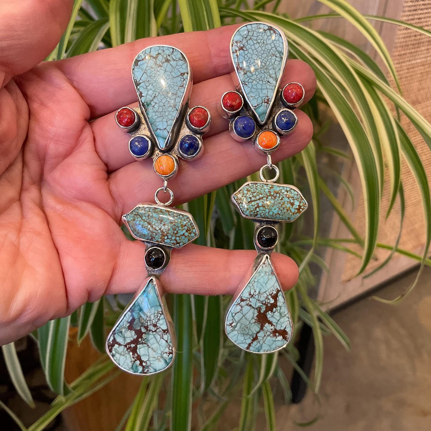 Sterling Silver turquoise statement onyx coral lapis spiny oyster earrings Colors Of Etnika