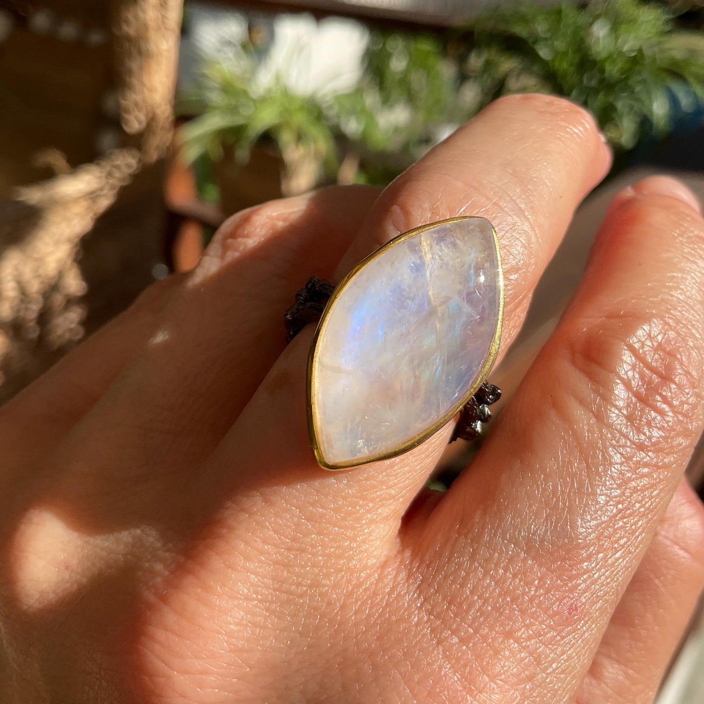 Sterling silver natural moonstone Marquis rustic band ring 8 Colors Of Etnika