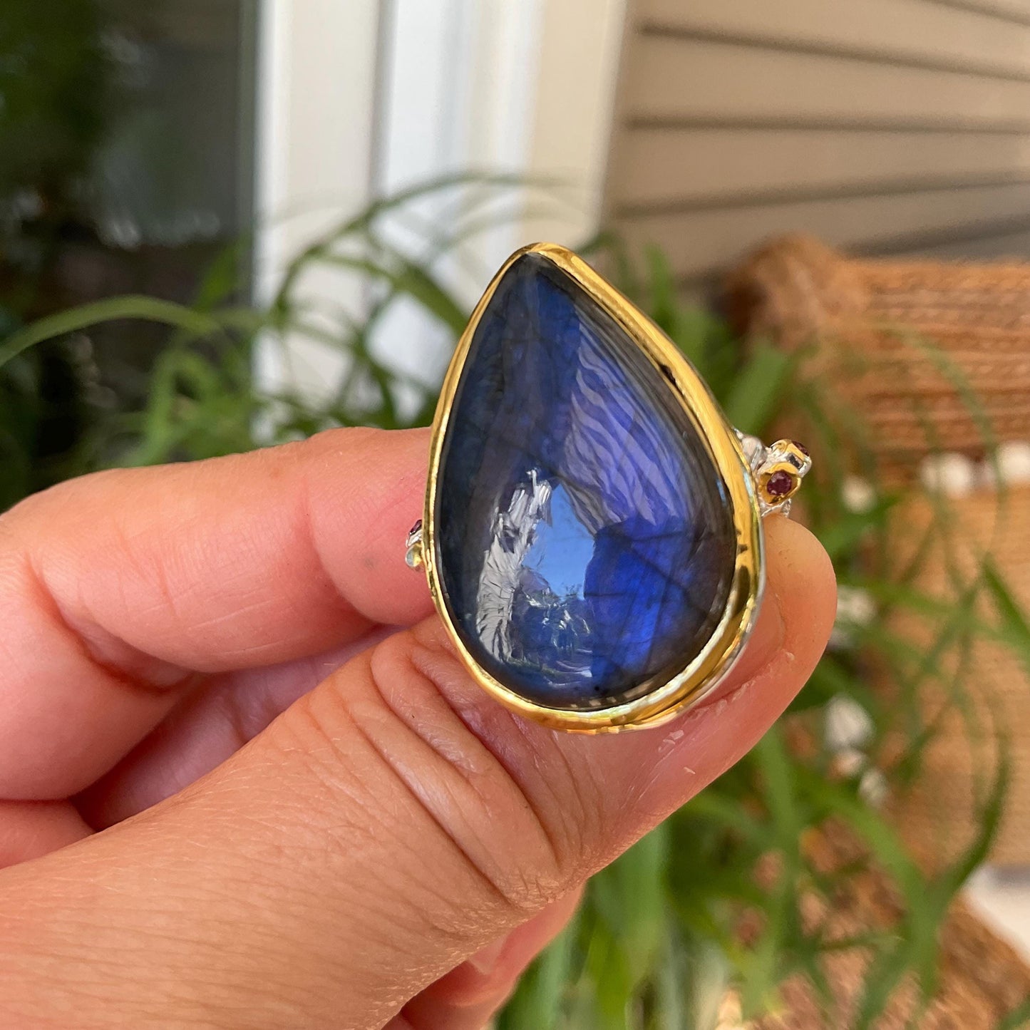 sterling silver Labradorite statement pear shape Ring 7.5