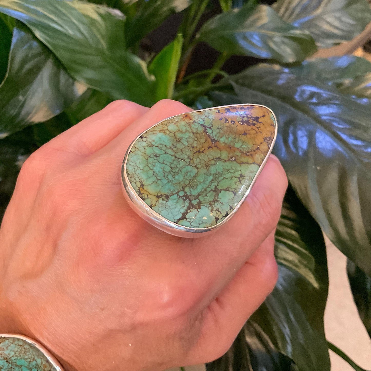 Sterling pear shape turquoise adjustable modernist cuff ring