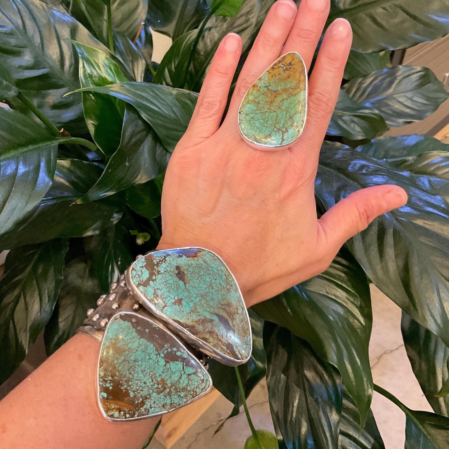 Sterling pear shape turquoise adjustable modernist cuff ring