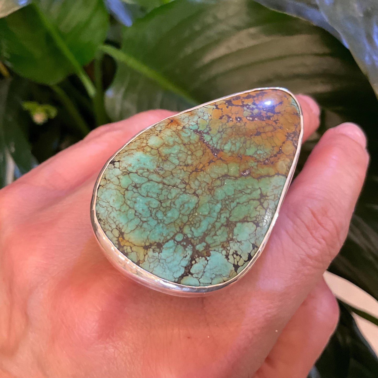Sterling pear shape turquoise adjustable modernist cuff ring