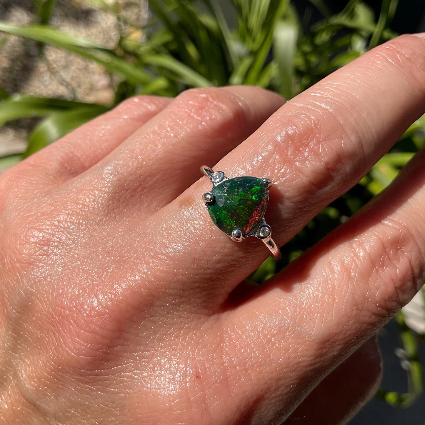 Sterling Silver Natural fire black opal dainty Ring 8