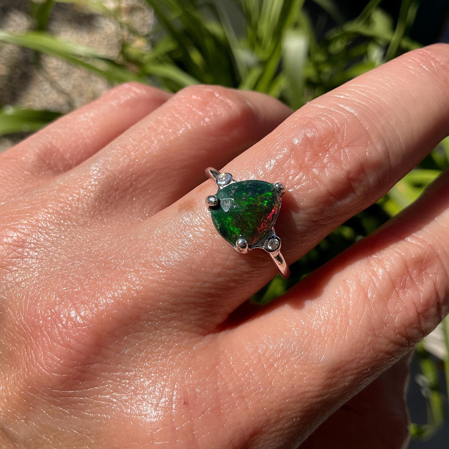 Sterling Silver Natural fire black opal dainty Ring 8