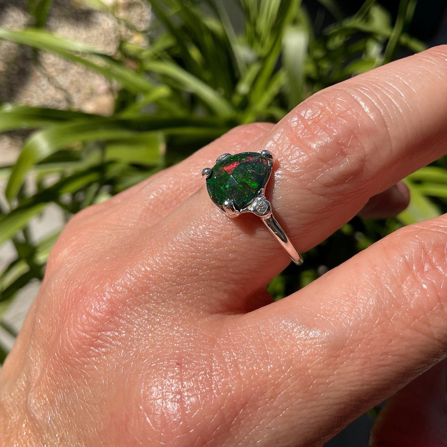 Sterling Silver Natural fire black opal dainty Ring 8
