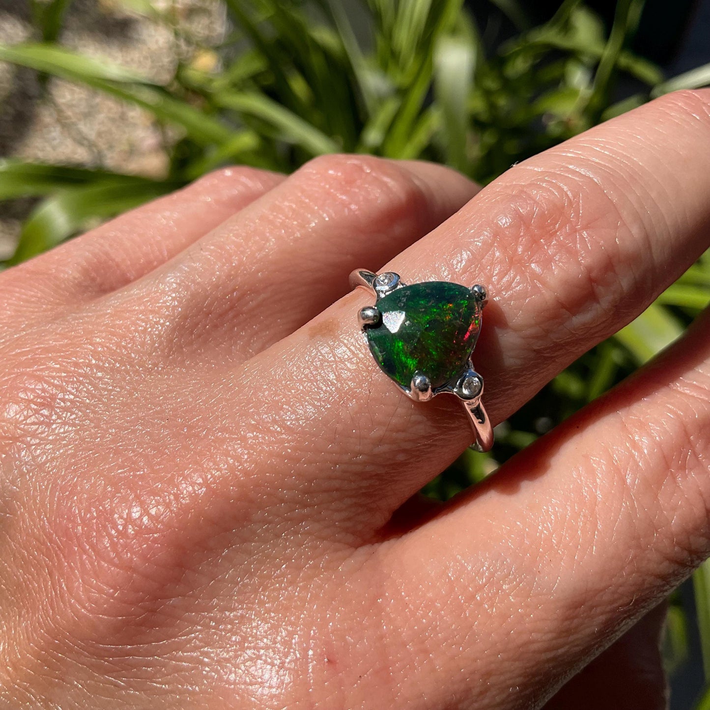 Sterling Silver Natural fire black opal dainty Ring 8
