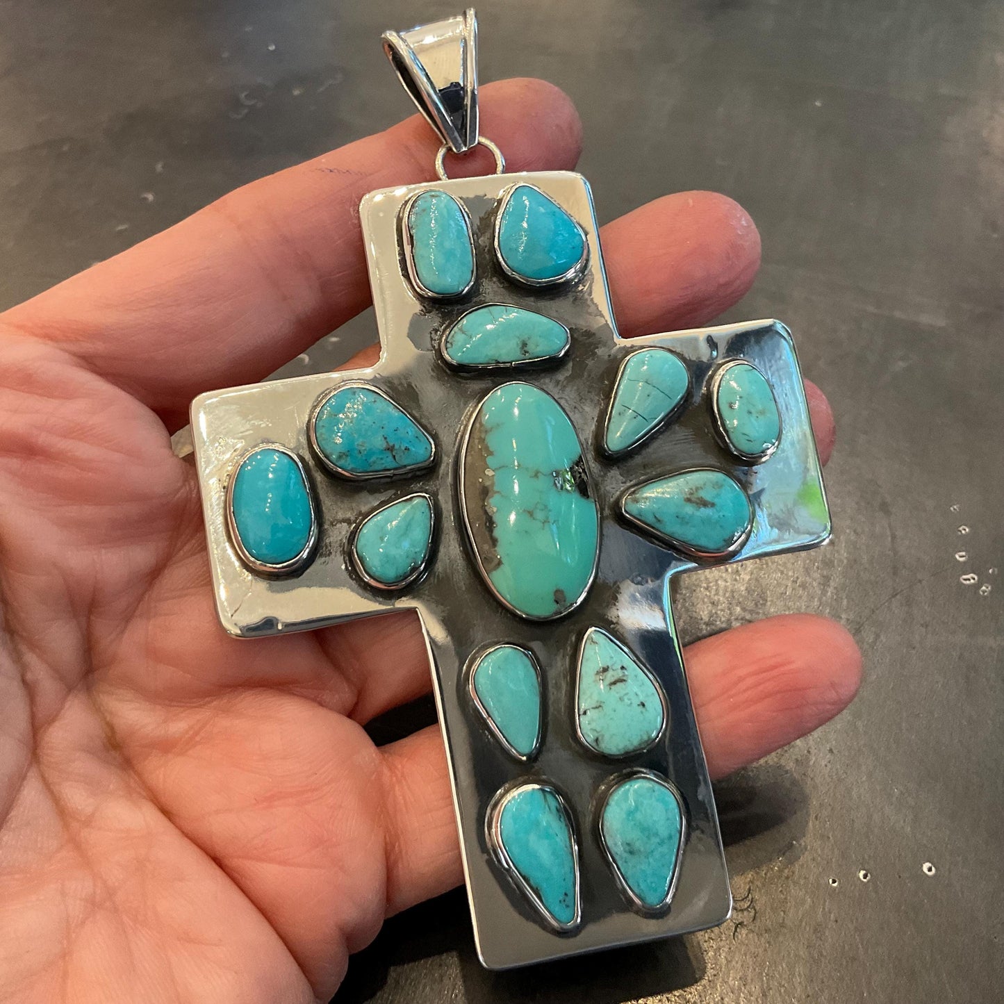 sterling silver genuine turquoise Oversize huge cross Pendant