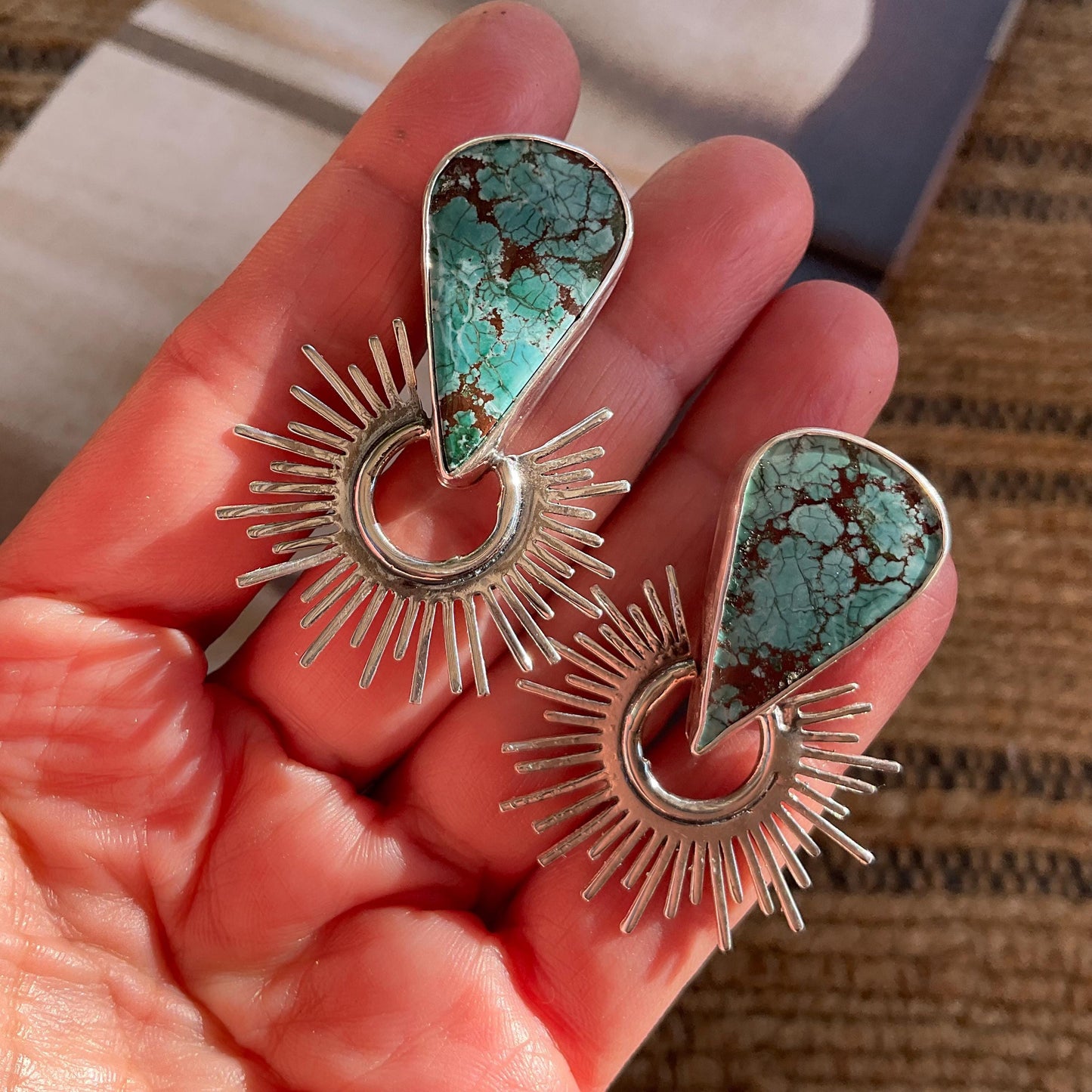 Sterling Silver turquoise sunburst statement post earrings