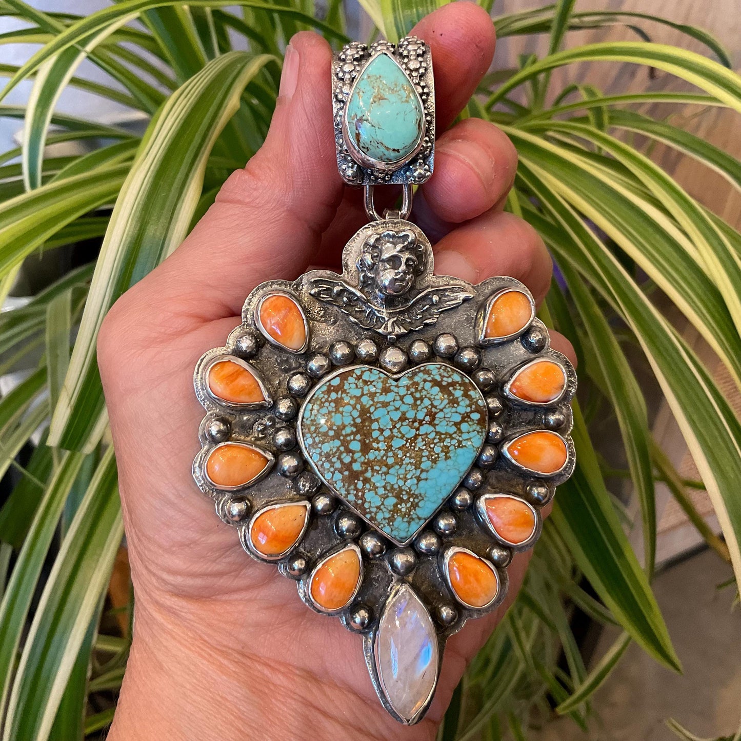 Sterling silver sacred heart turquoise spiny oyster pendant enhancer with custom bail