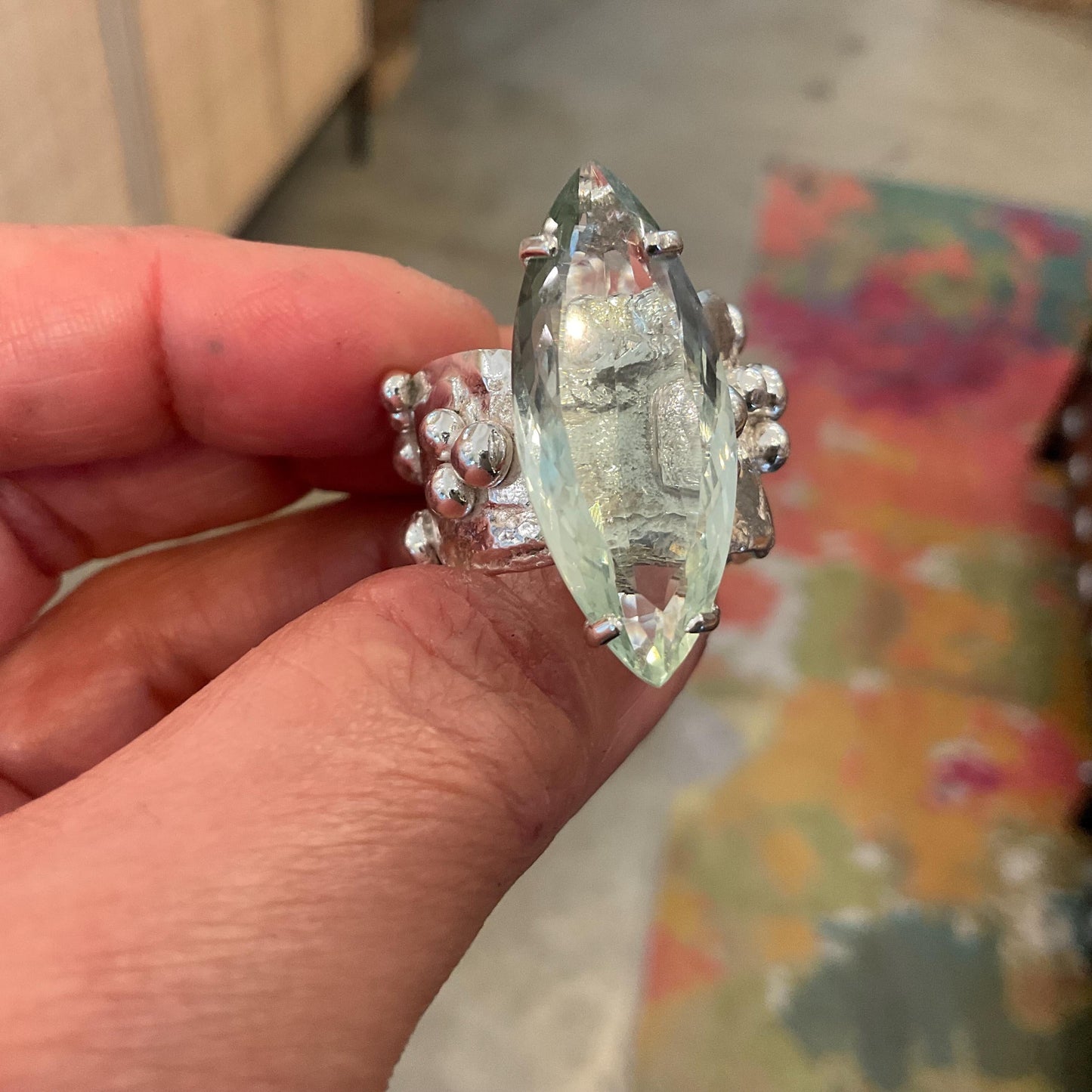 Upcycle sterling silver modernist brutalist green amethyst Marquis ring open cuff Colors Of Etnika