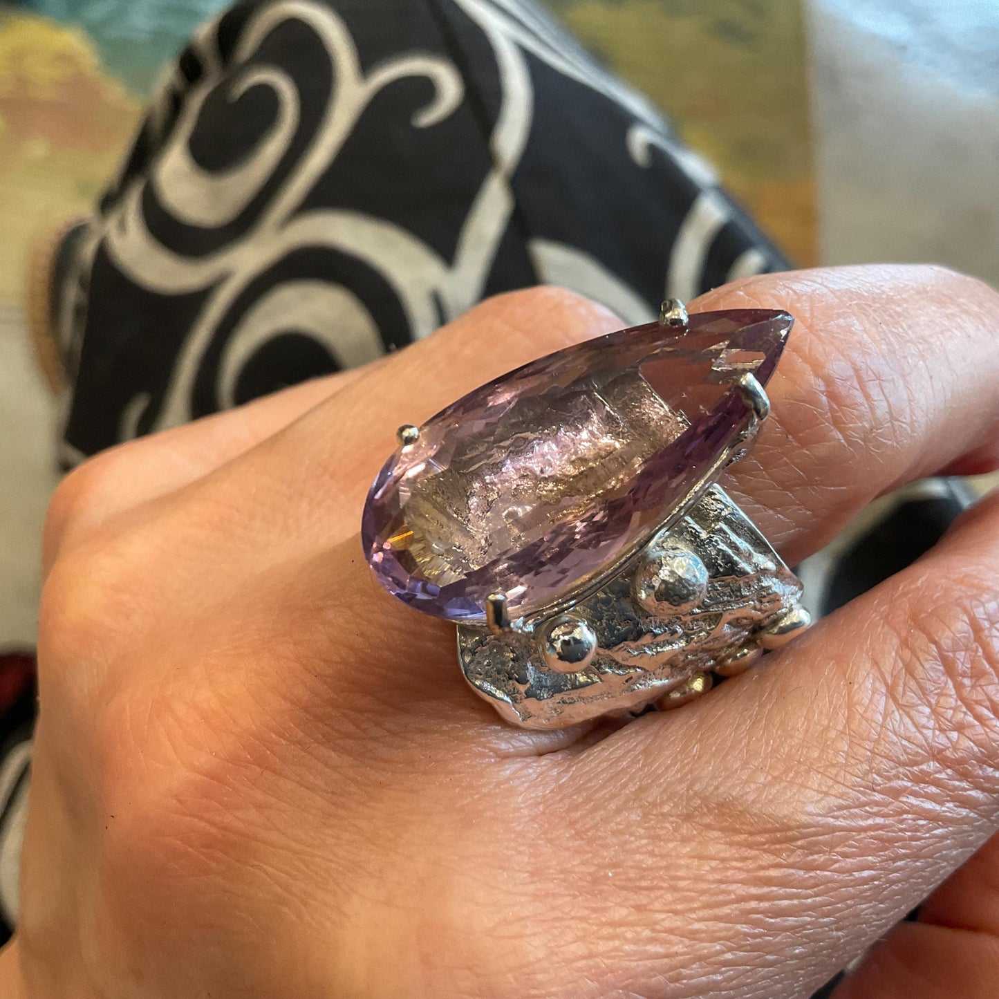 Upcycle sterling silver modernist brutalist ametrine pear shape ring open cuff Colors Of Etnika