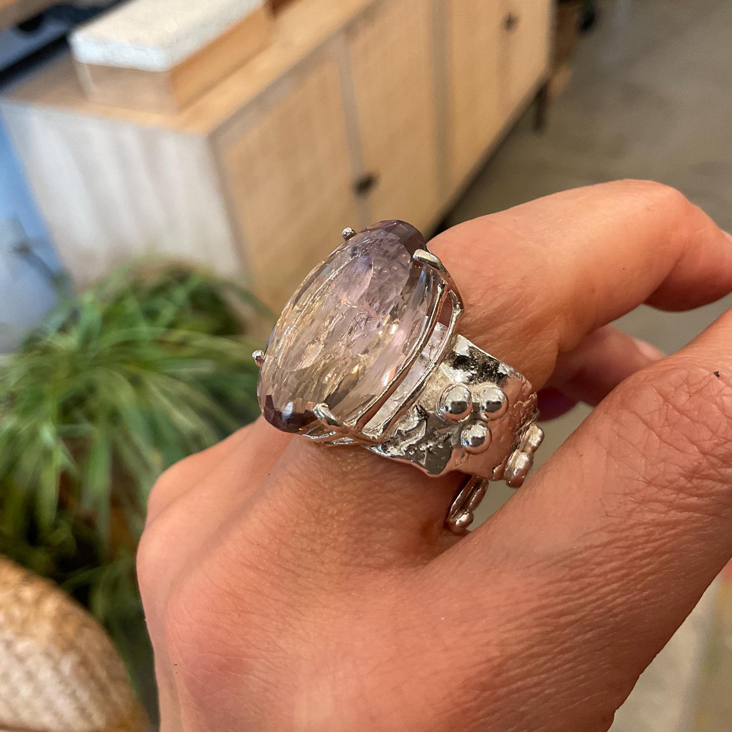 Upcycle sterling silver modernist brutalist ametrine oval shape ring open cuff