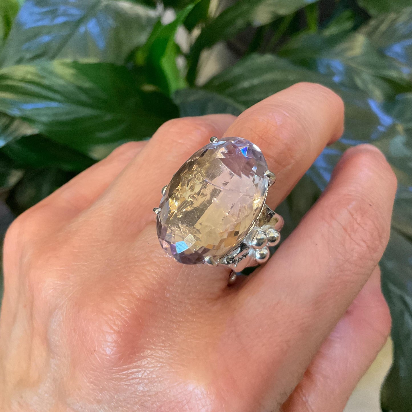 Upcycle sterling silver modernist brutalist ametrine oval shape ring open cuff