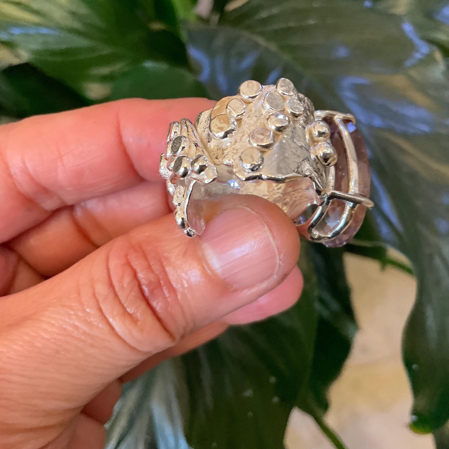 Upcycle sterling silver modernist brutalist ametrine oval shape ring open cuff